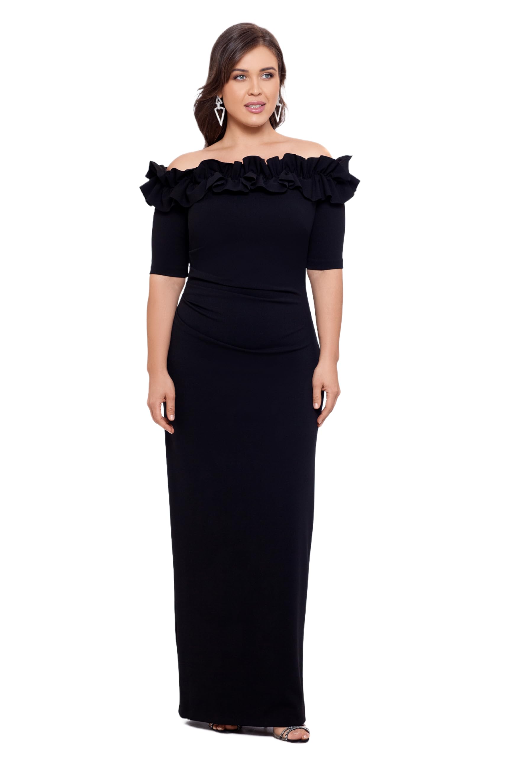 Xscape Women's Plus Size Long Off The Shoulder Ruffle Scuba Crepe Dress - Elegant Formal Gown for Weddings, Parties & Special Occasions
