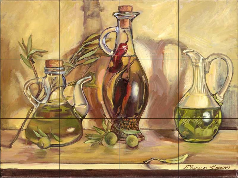 Hand-Painted Ceramic Backsplash Tile Mural for Kitchen - Olive Oil Jars Design by Theresa Kasun - Perfect for Farmhouse, Mediterranean & Rustic Kitchen Decor