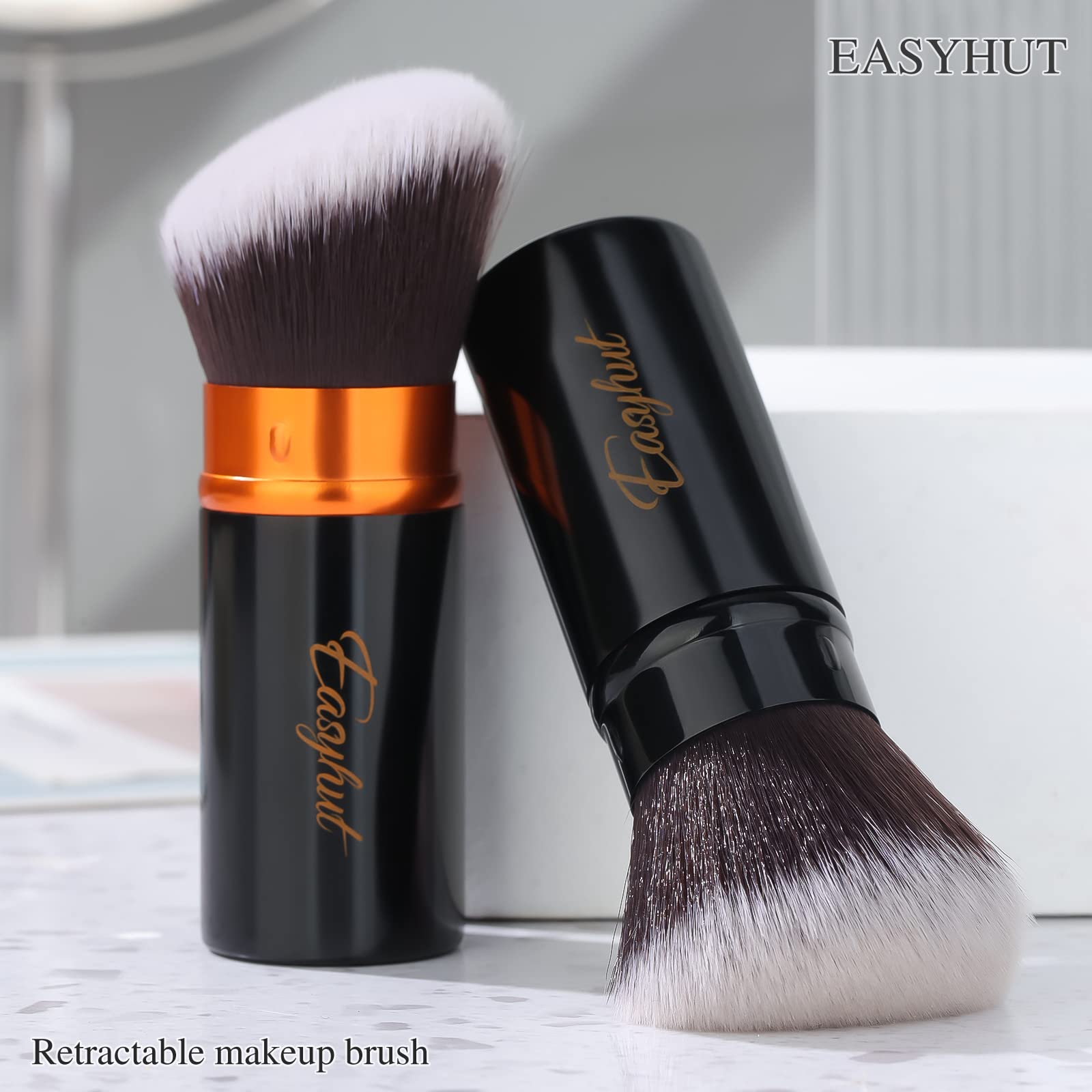 Retractable Kabuki Makeup Brush Set - 2 Pack Flat & Angled Foundation & Blush Brushes for Liquid, Cream & Powder Cosmetics | Travel-Friendly | Orange & Black | Perfect for On-The-Go Touch Ups & Professional Makeup Application