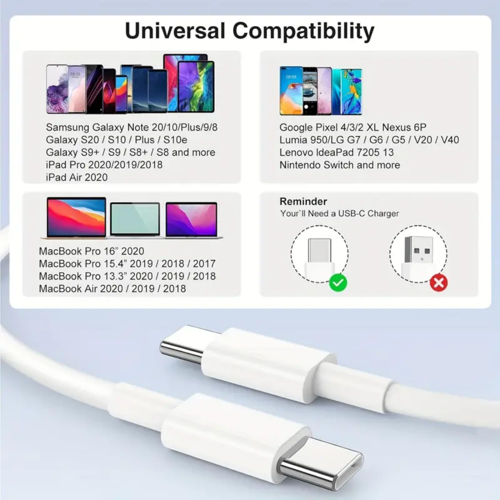 3-Pack USB C to USB C Cable (3.3FT/6.6FT/10FT) - 60W Fast Charging & Power Delivery - Compatible with iPhone 15/16, Galaxy S24, iPad Pro, MacBook - Perfect for Home, Office & Travel Charging