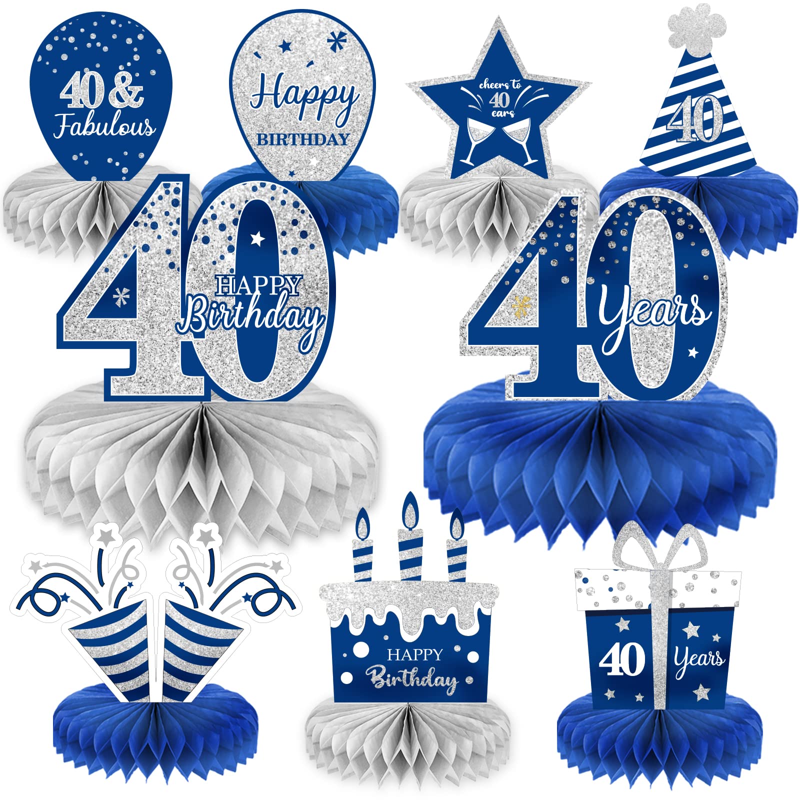 40th Birthday Decorations Set - 9-Piece Blue & Silver Honeycomb Table Toppers, Centerpieces for Men & Women | Perfect for 40 Years Celebration Party, Table Decor & Milestone Anniversary Events