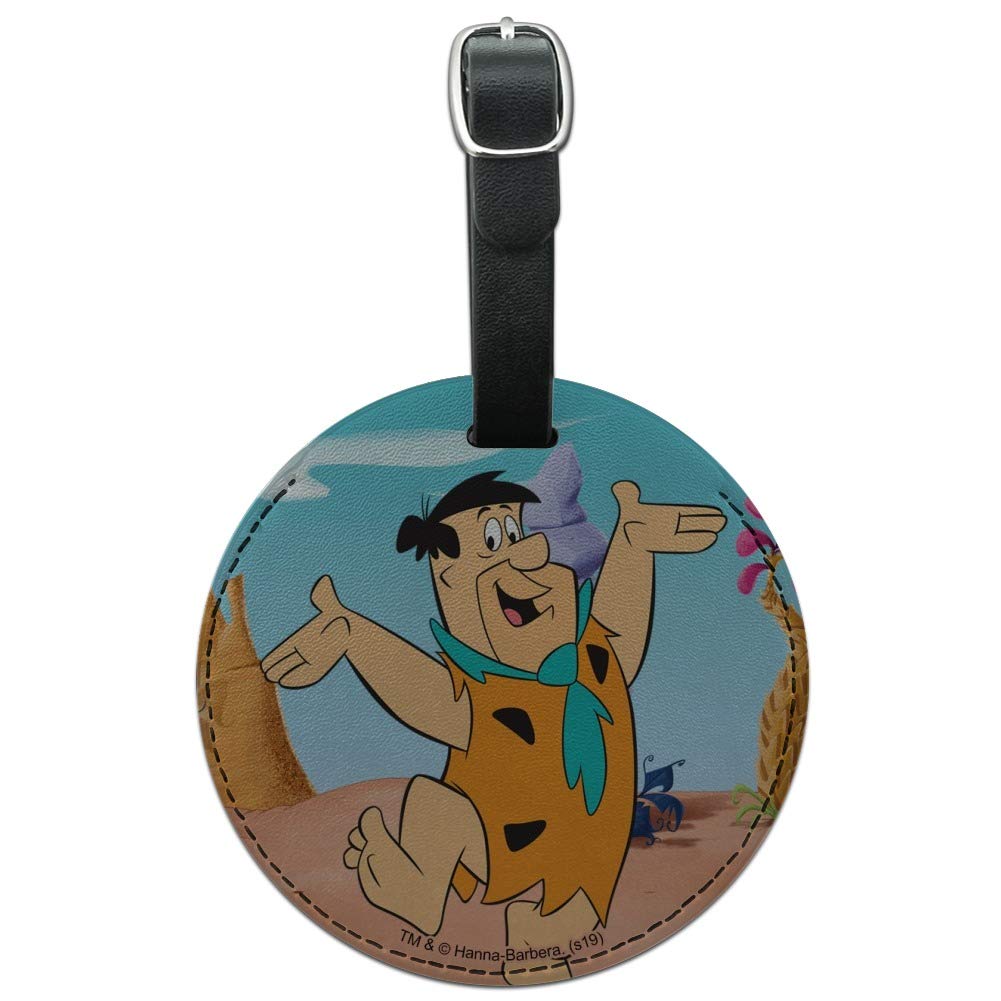 Vintage Fred Flintstone Cartoon Character Round Leather Luggage Tag - Travel ID Card Holder for Suitcases, Bags & Backpacks - Perfect for Airports, Hotels & Family Vacations