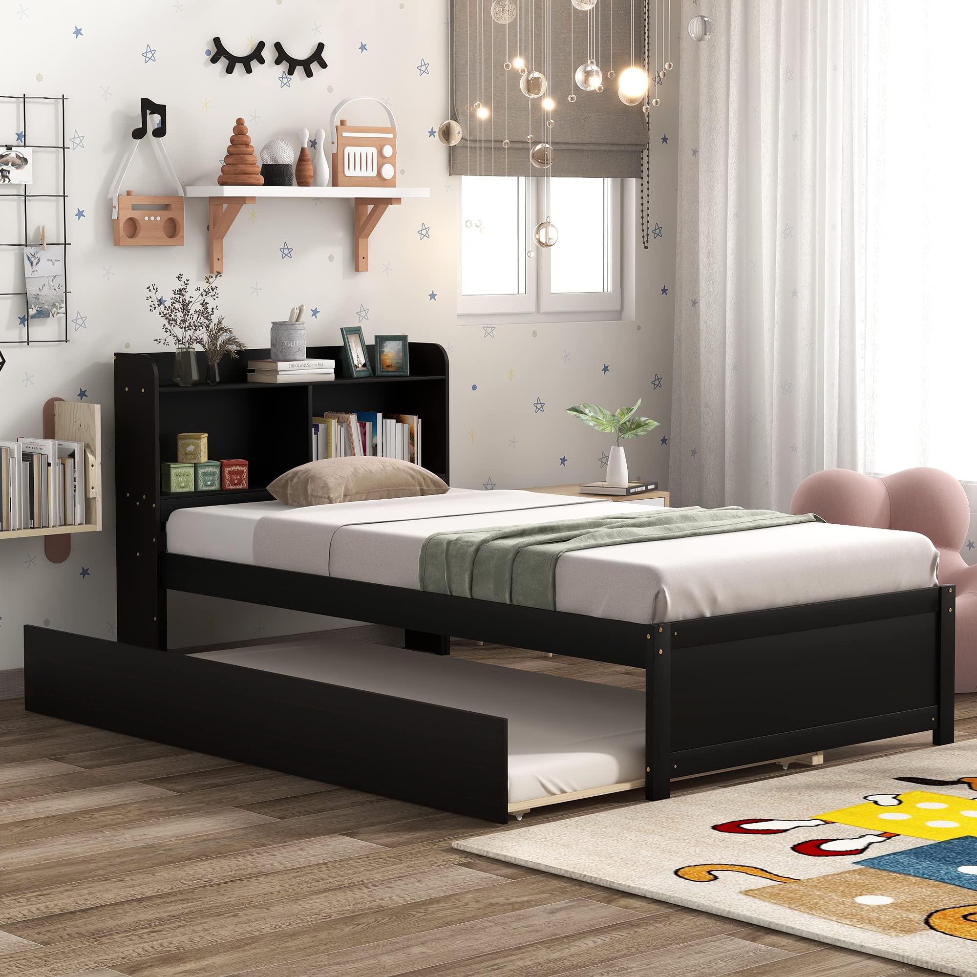 Twin Size Platform Bed with Trundle - Wooden Twin Bed Frame with Bookcase Headboard & Storage Shelves, No Box Spring Needed (Espresso) - Perfect for Kids' Rooms, Guest Beds & Small Spaces