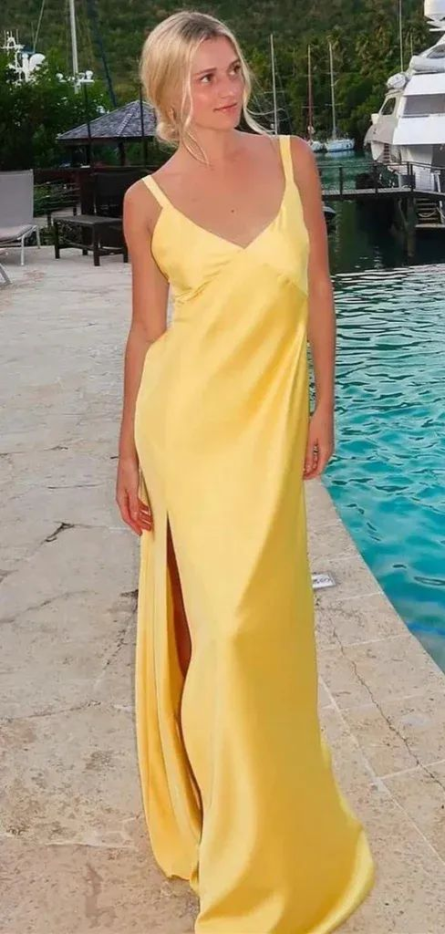 Elegant Backless Yellow Slit Prom Dress - Satin Formal Evening Gown for Women | Perfect for Homecoming, Cocktail Parties & Special Occasions
