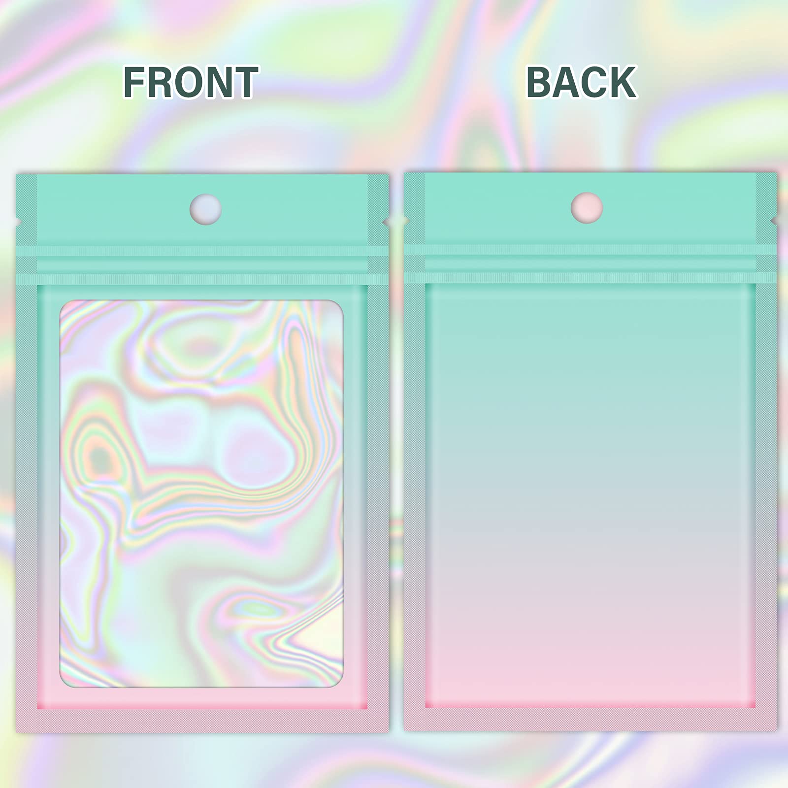100-Piece Holographic Gradient Mylar Ziplock Bags with Clear Window - Resealable Stand-Up Pouches for Candy, Party Favors, Snacks & Samples (5.5x7.8 Inch, Green & Pink) - Perfect for Gift Packaging, Wedding Favors & Small Business Product Samples