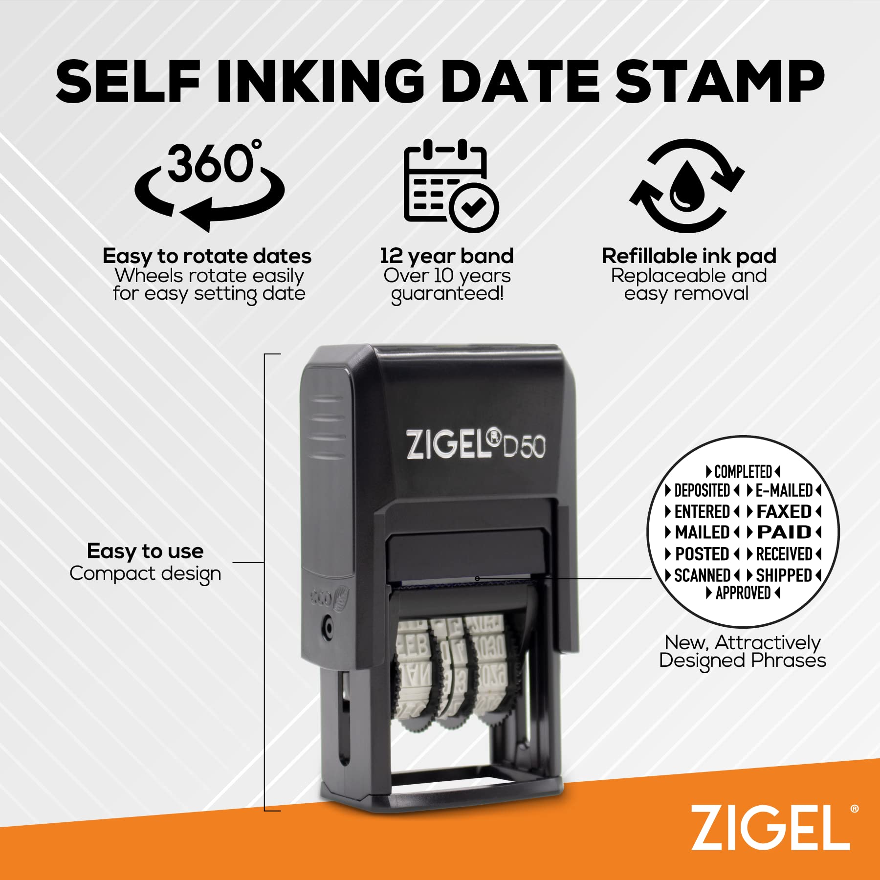 ZIGEL D50 Self Inking Date Stamp with Received - Adjustable Rubber Stamp for Office, Business, Banking & Legal Documents - Perfect for Paperwork, Invoices & Record Keeping