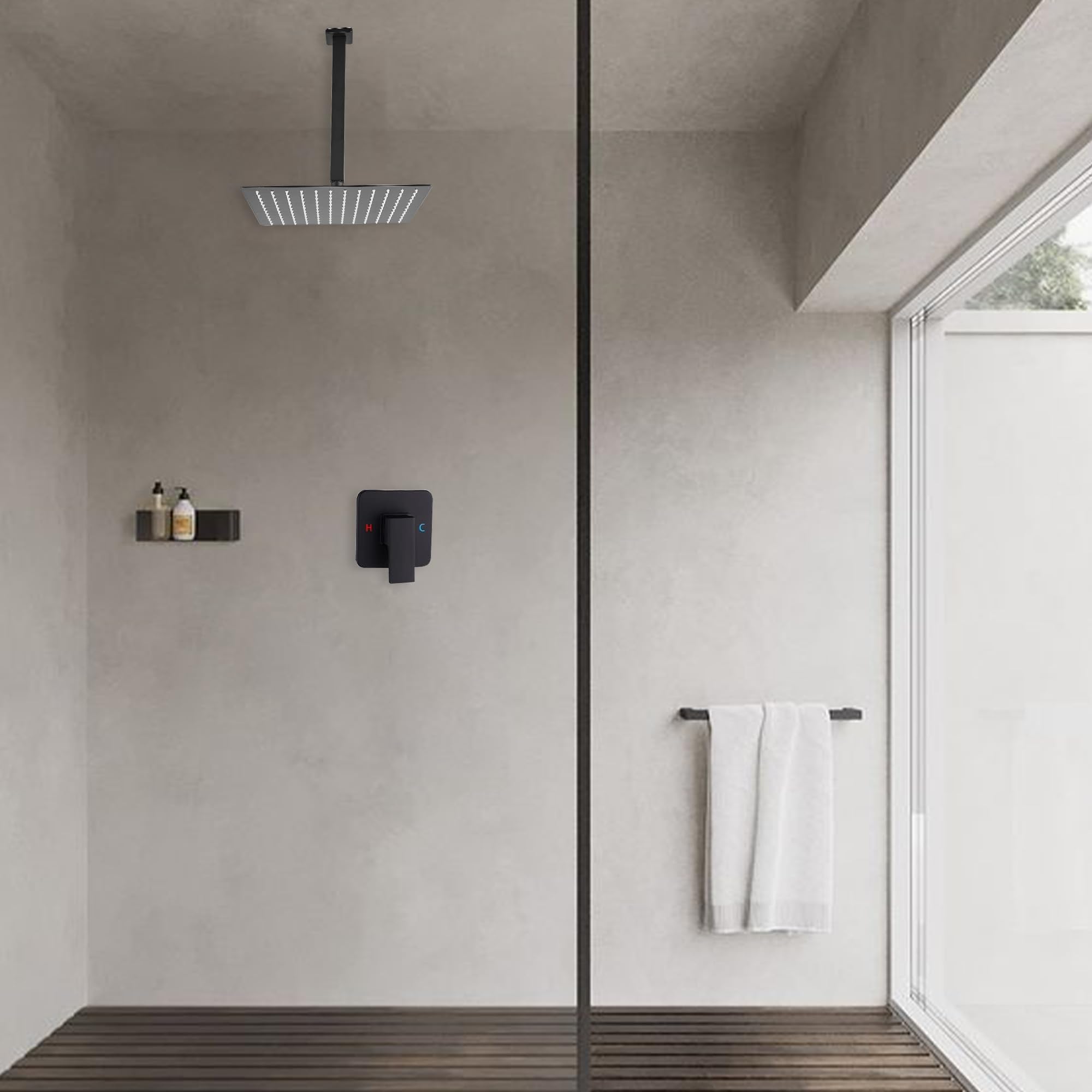 Luxury Black Ceiling Shower System - 10 Inch Matte Black Rainfall Shower Head Combo Set with Valve & Trim | GGStudy Modern Bathroom Faucet for Spa-Like Experience
