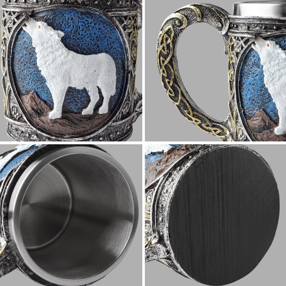 Stainless Steel Wolf Mug with Resin 3D Design - Insulated Travel Coffee Cup for Tea, Beer & Wine - Perfect for Camping, Office & Gifts (White Wolf)