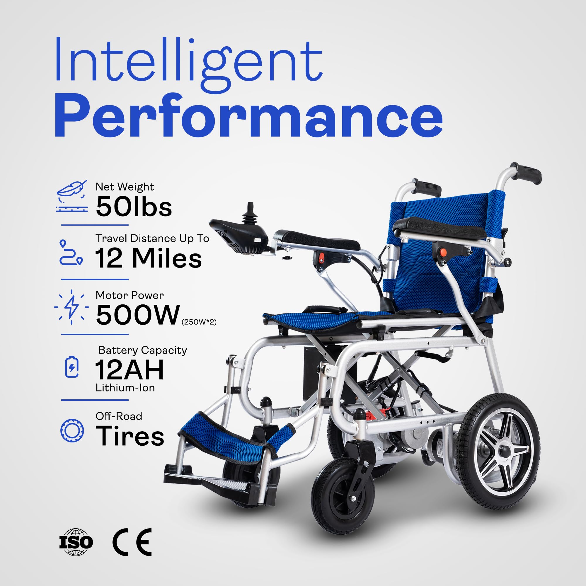 Artemis Pro Lightweight Foldable Electric Wheelchair for Adults & Seniors - 250W x 2 Motor Power Wheelchair - Portable Travel Wheelchair with Long Battery Life (Blue) | Ideal for Indoor Use, Outdoor Activities, Air Travel and Daily Mobility