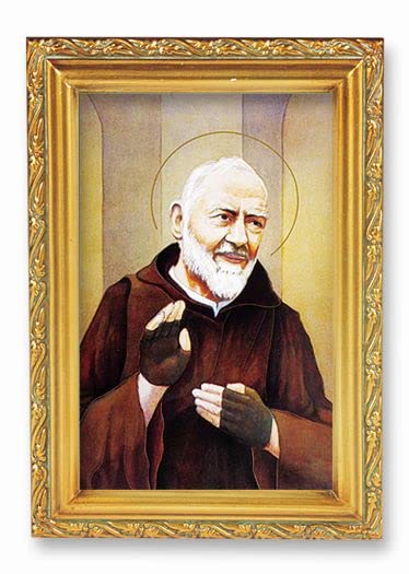 St. Pio Framed Wall Art - Antique Gold Leaf Finish with Acanthus Leaf Edging - Perfect for Home, Office & Church Decor