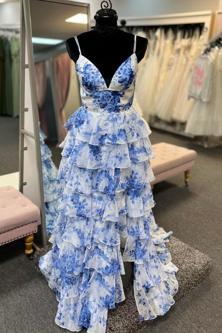 Elegant Blue Print V-Neck Tiered Long Dress with Slit - A-Line Formal Gown J5013 for Evening Parties, Weddings & Special Occasions