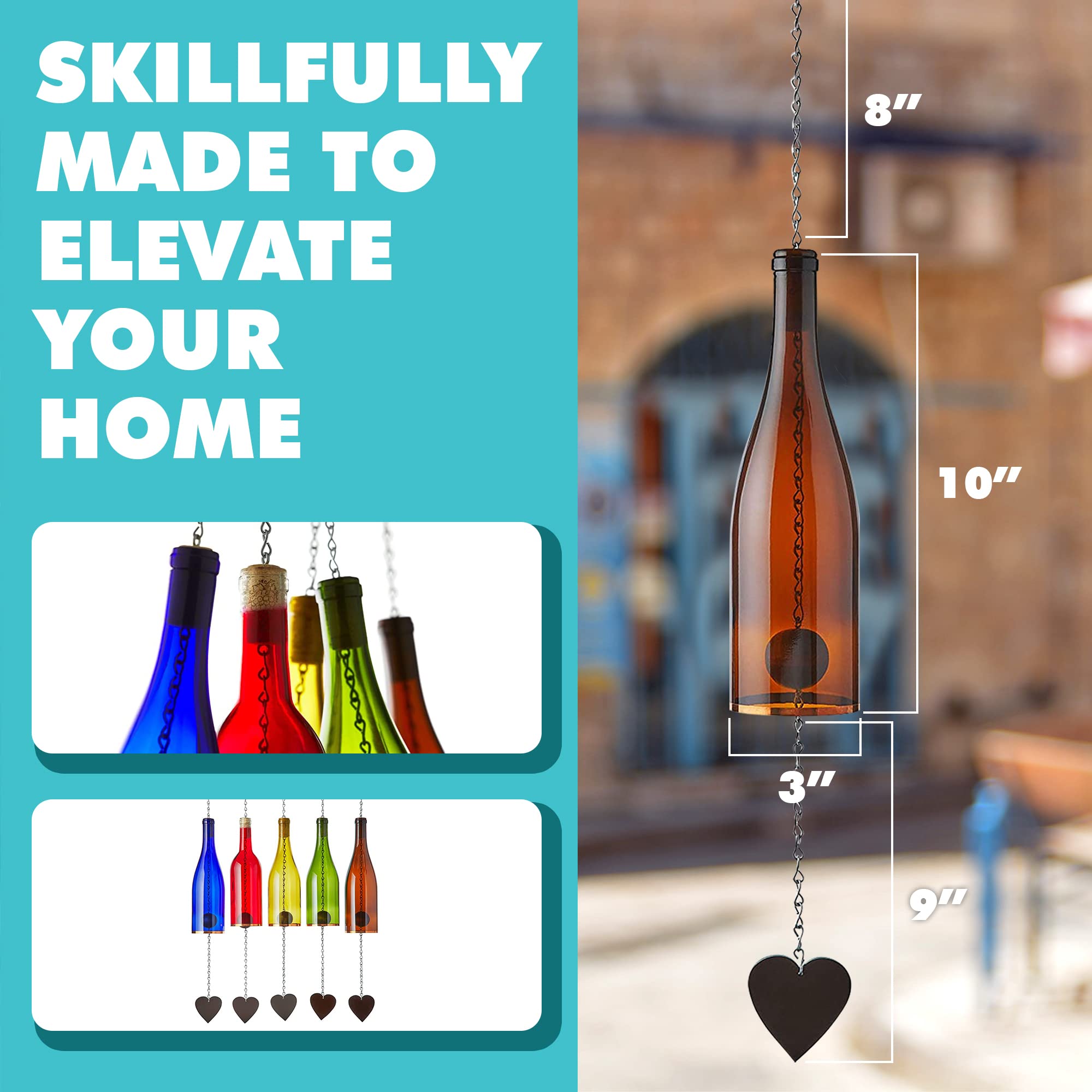 Handmade Wine Bottle Wind Chime Set of 5 - Outdoor & Indoor Decorative Wind Chimes, Glass Bottle Suncatcher for Garden, Patio, Home - Unique Gift for Women, Housewarming, Wedding