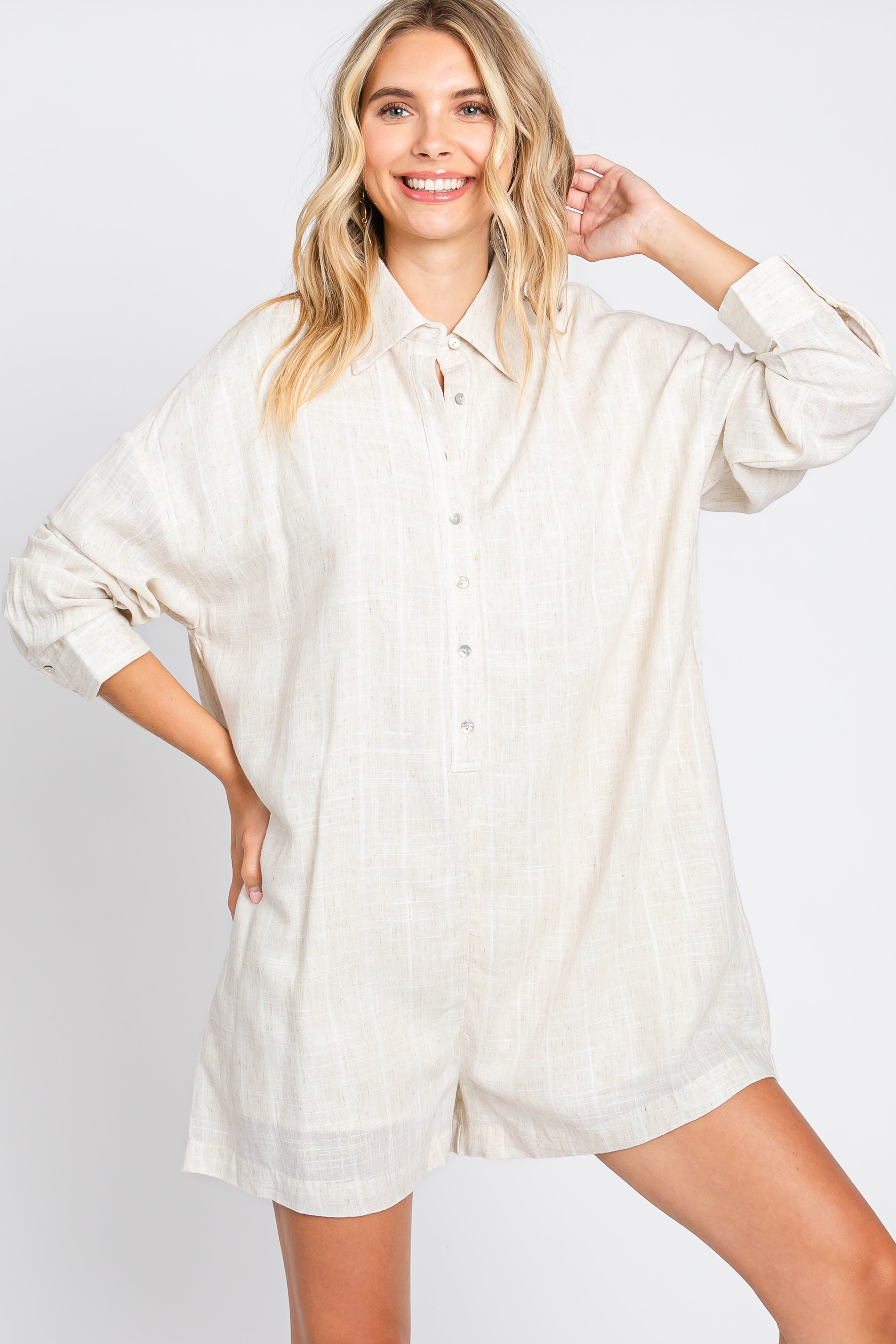 Beige Button Front Long Sleeve Linen Romper for Women - Summer Casual Jumpsuit with Pockets | Perfect for Beach, Vacation & Outdoor Activities