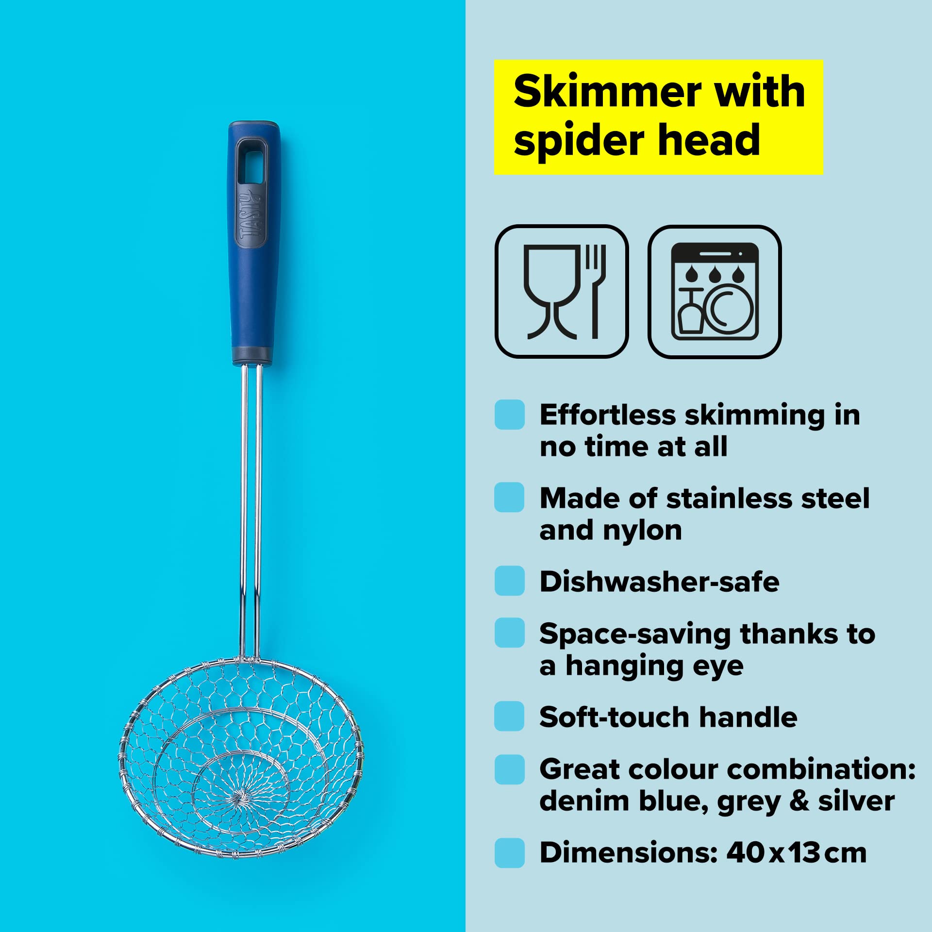 Premium Stainless Steel Spider Strainer Skimmer - Fine Mesh Kitchen Oil Strainer for Frying, Cooking & Deep Frying - Soft-Touch Handle with Dark Blue & Silver Finish - Perfect for Asian Stir Fry, Tempura, Donuts & French Fries