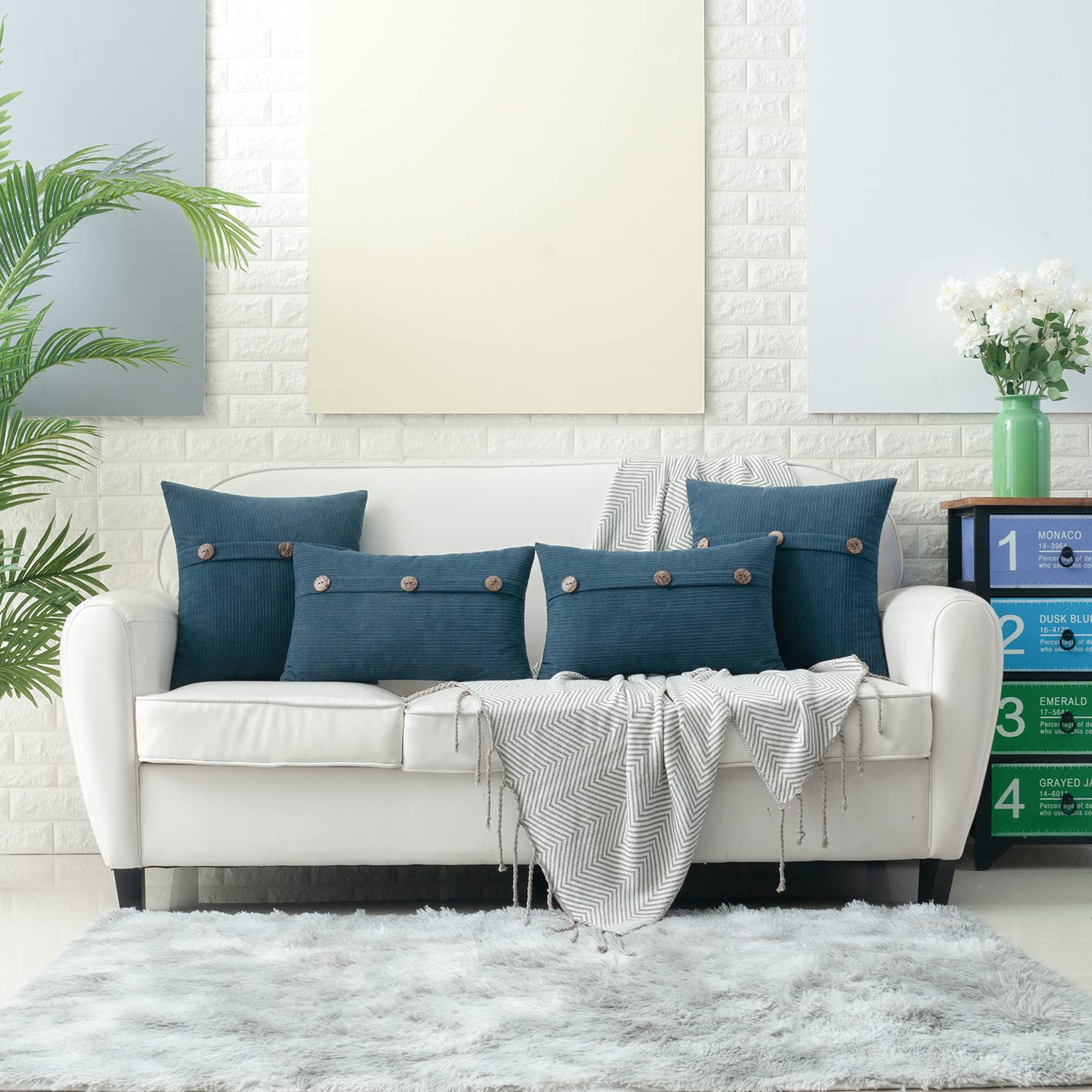 HWY 50 Blue Decorative Throw Pillow Covers 18x18 Inch - Soft Chenille Couch Pillow Covers Set with Triple Buttons, Accent Cushion Cases for Sofa, Bed, Living Room & Bedroom (Pack of 2) - Perfect for Home Decor, Cozy Reading Nook & Guest Room Styling