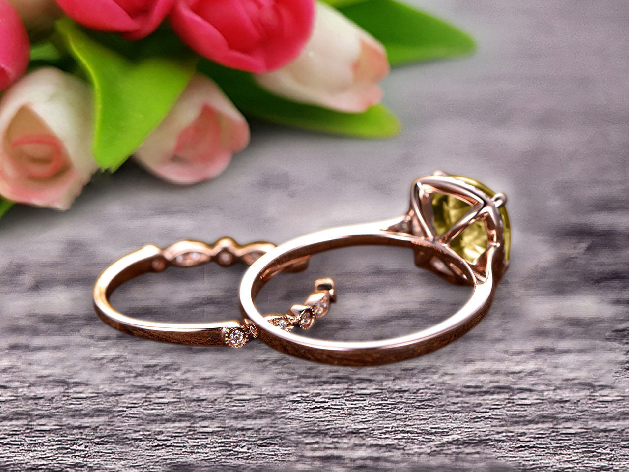 10K Rose Gold Art Deco 1.50 Carat Cushion Cut Champagne Diamond Moissanite Engagement Ring & Wedding Band Set - Anniversary Gift for Her, Bridal Jewelry for Special Occasions