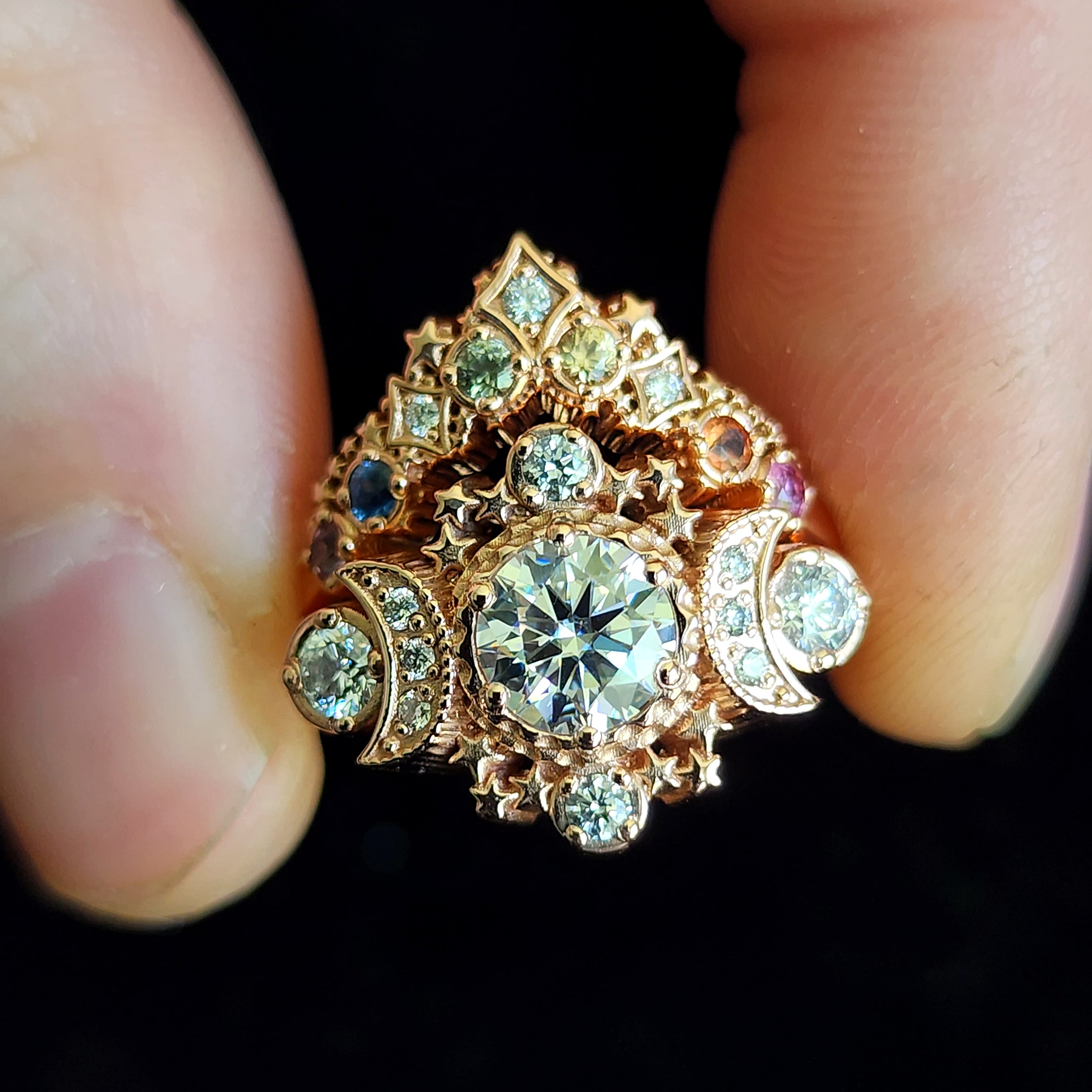 14K Rose Gold Moissanite Cosmos Engagement Ring with Rainbow Sapphire Stardust Chevron - Size 4.5 & 6.5 | Perfect for Wedding Proposals, Anniversary Gifts & Romantic Occasions