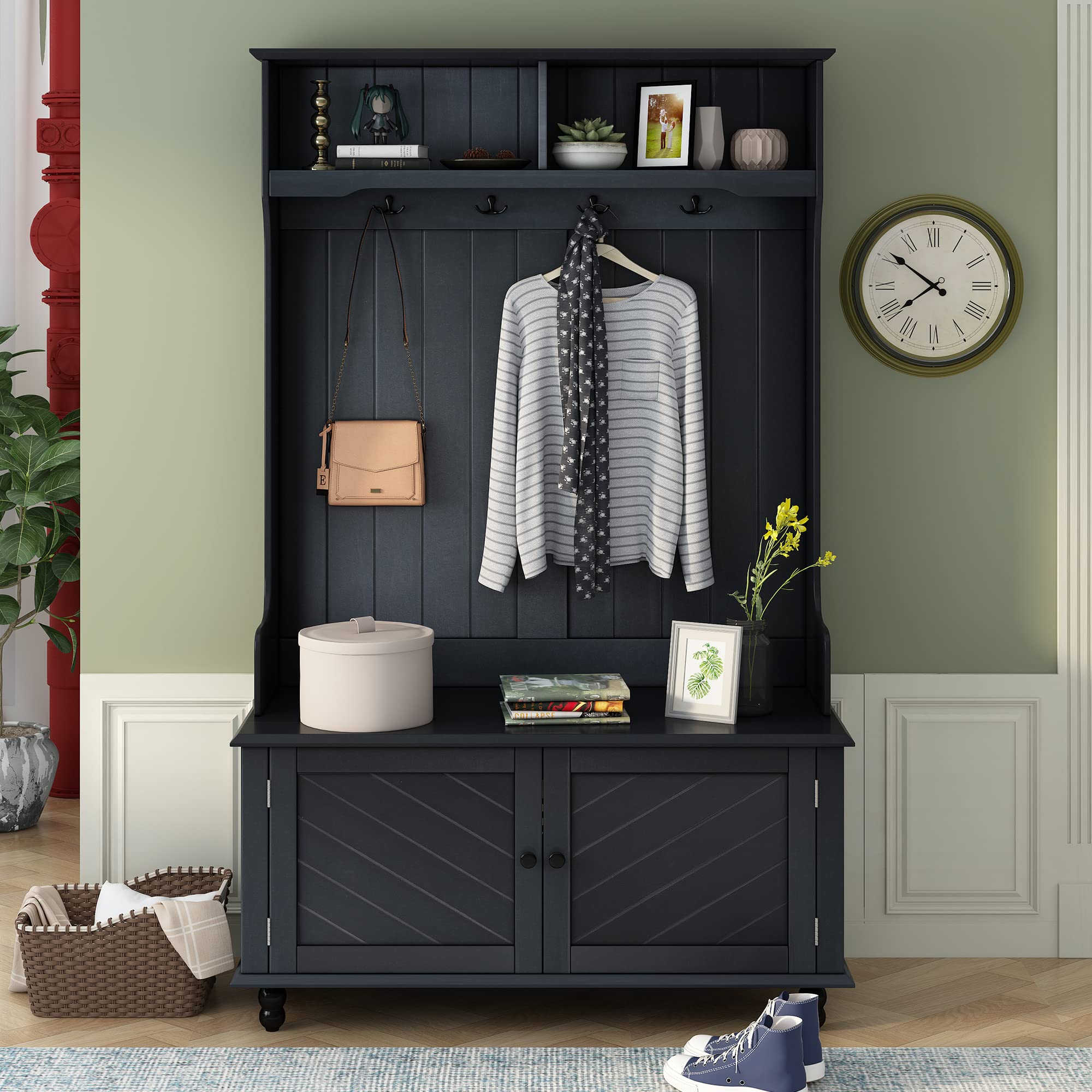 Goujxcy 3-in-1 Entryway Hall Tree with Storage Bench - Modern Coat Rack & Shoe Organizer Cabinet for Living Room & Hallway - Black - Perfect for Small Spaces & Home Organization