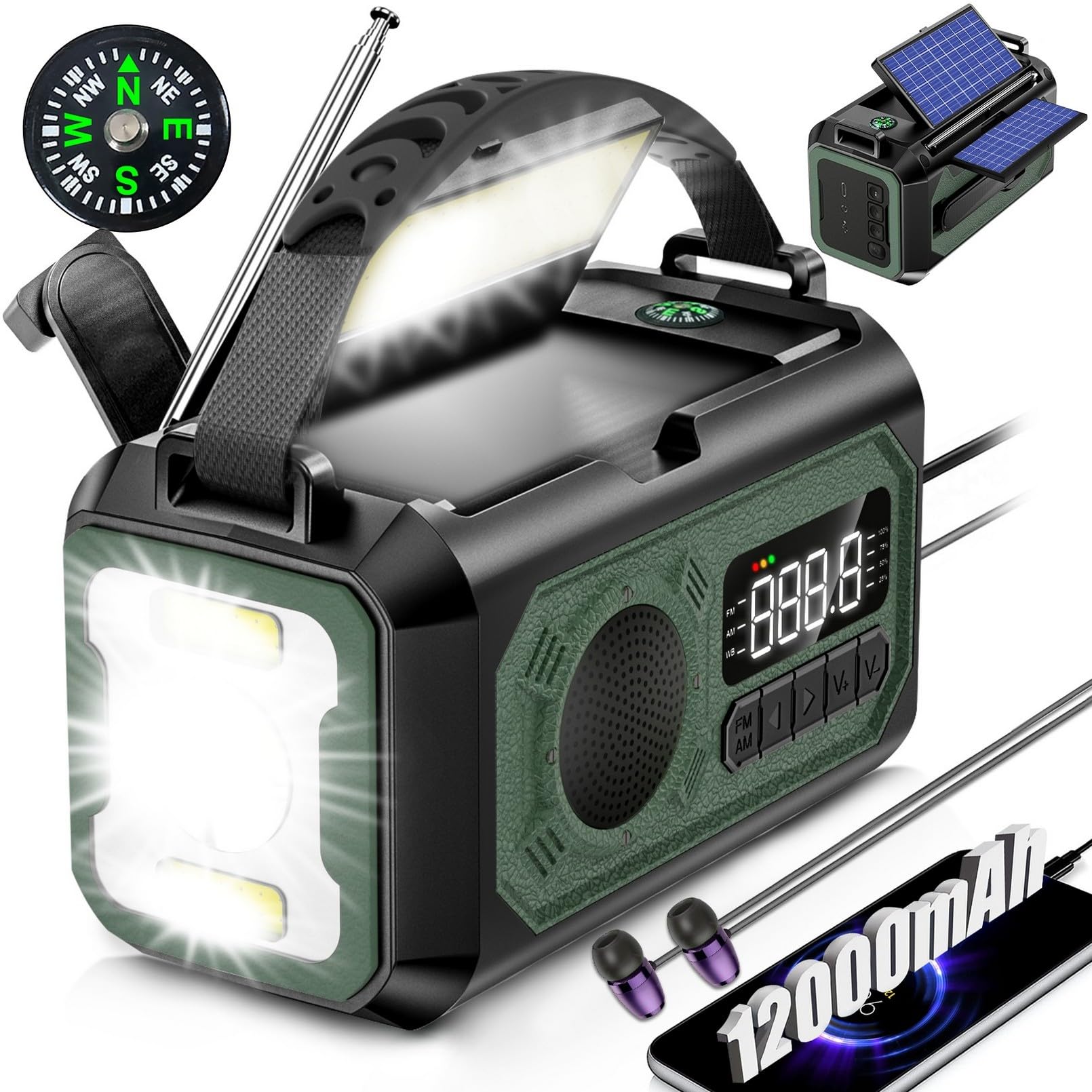 44400mWh Hand Crank Emergency Weather Radio with Solar Power - 12000mAh Portable NOAA/AM/FM Radio, Flashlight, Phone Charger, SOS Alarm & Compass - Perfect for Camping, Hiking and Emergency Preparedness (Grass Green)
