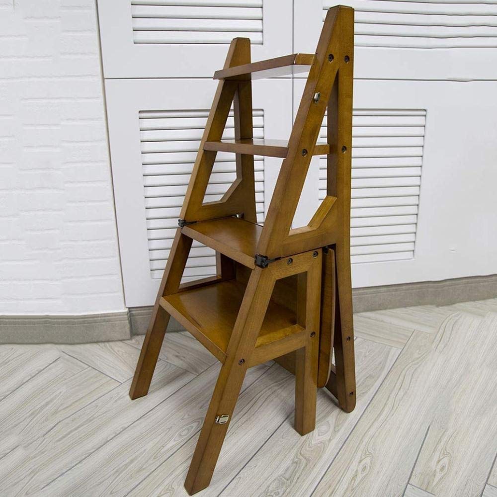 4-Tier Wooden Folding Ladder Stool - Multi-Functional Step Stool Chair with Safety Lock for Home, Kitchen, Bathroom & Closet Organization | Space-Saving Household Stepladder for Reaching High Shelves