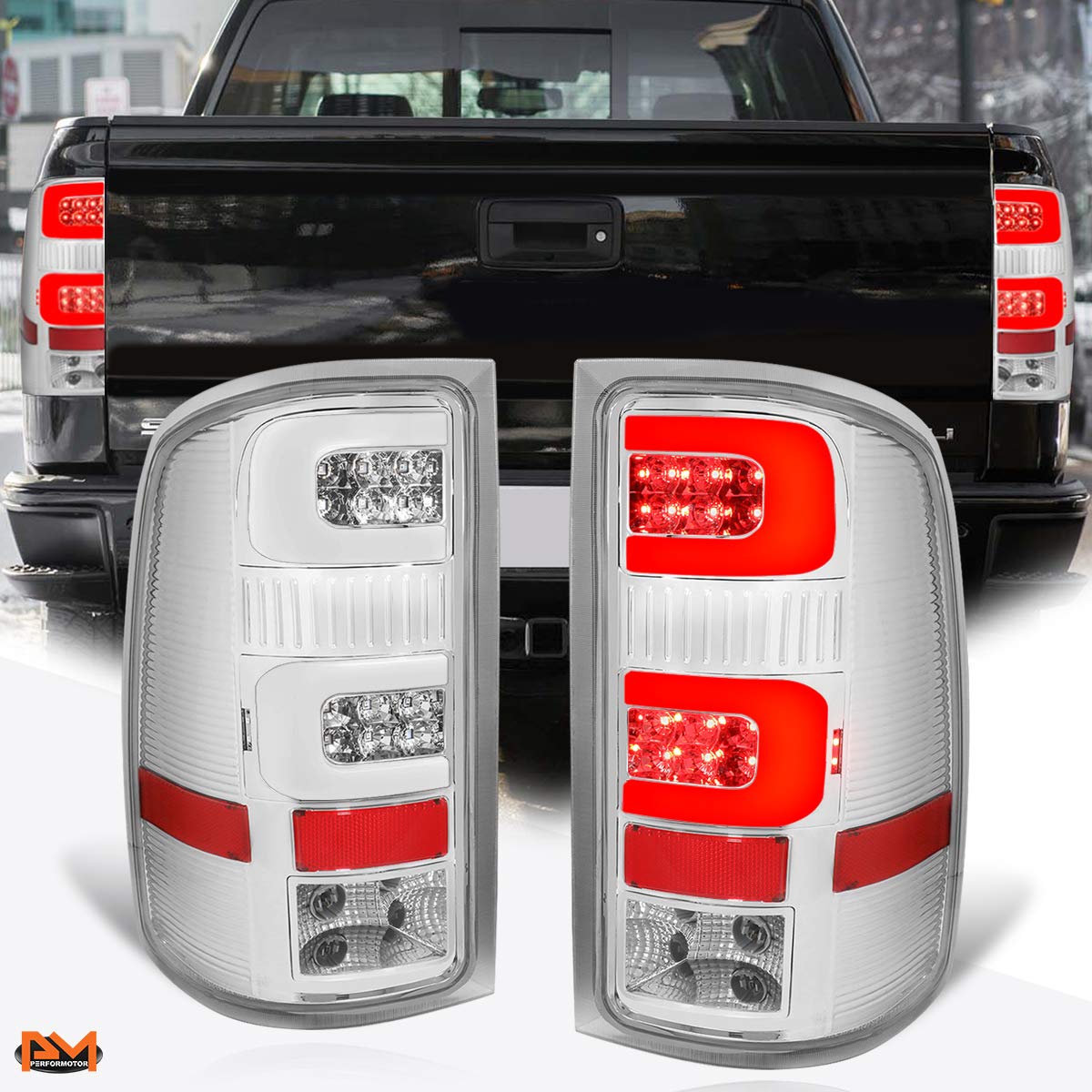 PM PERFORMOTOR 3D LED C-Shape Tail Lights Brake Lamp Assembly - Compatible with 2007-2014 GMC Sierra (Chrome Housing/Clear Lens) - Enhanced Visibility & Style for Night Driving & Custom Truck Upgrades