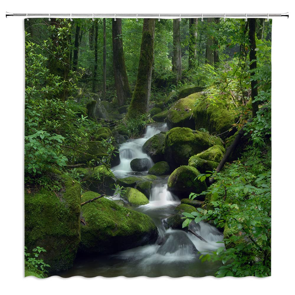 Tropical Rainforest Shower Curtain - Lush Green Jungle Design with Trees, Stream & Moss | Nature-Inspired Bathroom Decor for Spring & Summer | Waterproof Fabric Set with Hooks - Perfect for Spa, Resort, or Nature-Themed Bathrooms