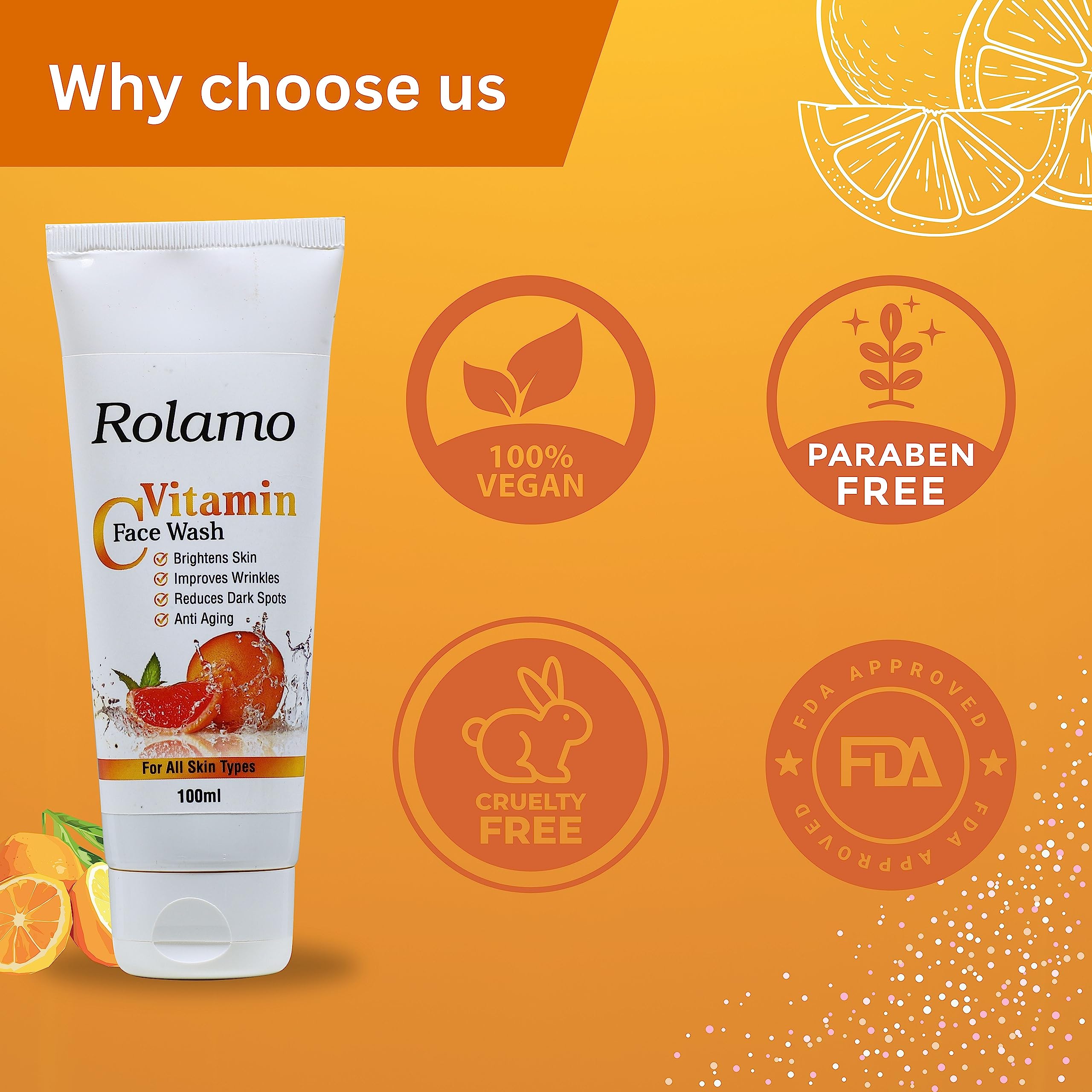 Rolamo Vitamin C Face Wash & Scrub Combo Pack (100ml x 2) - Brightening, Tan Removal & Pollution Protection for All Skin Types | Daily Skincare Routine for Glowing Complexion