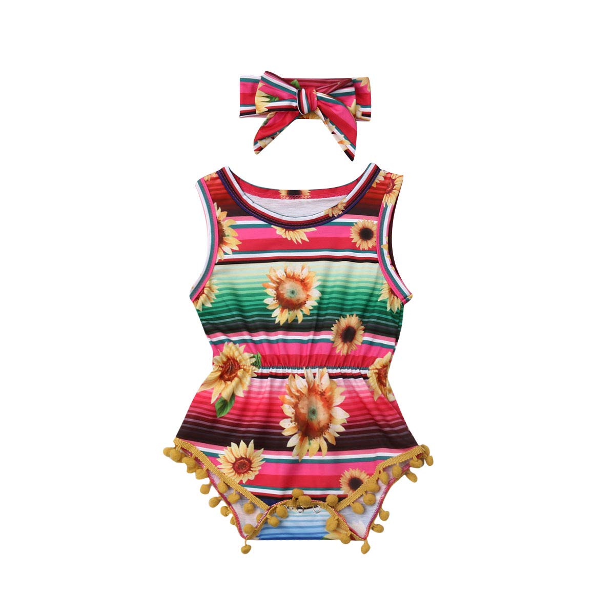 Newborn Baby Girls Sunflower Sleeveless Romper with Tassel & Headband Set - Cute Summer Outfit for Photoshoot, Party & Playtime