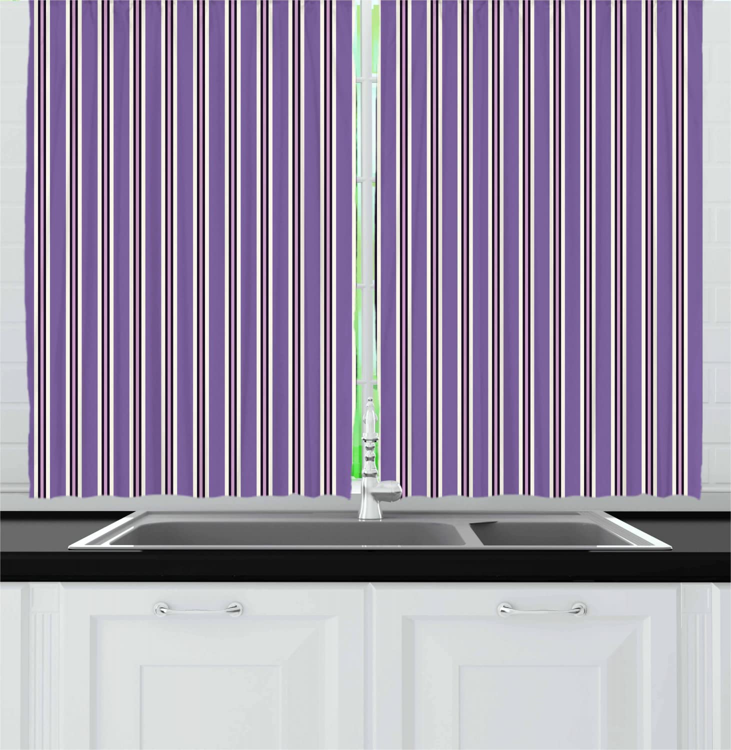 Ambesonne Geometric Long Kitchen Curtains - Vertical Striped Lavender Black White Drapes 55