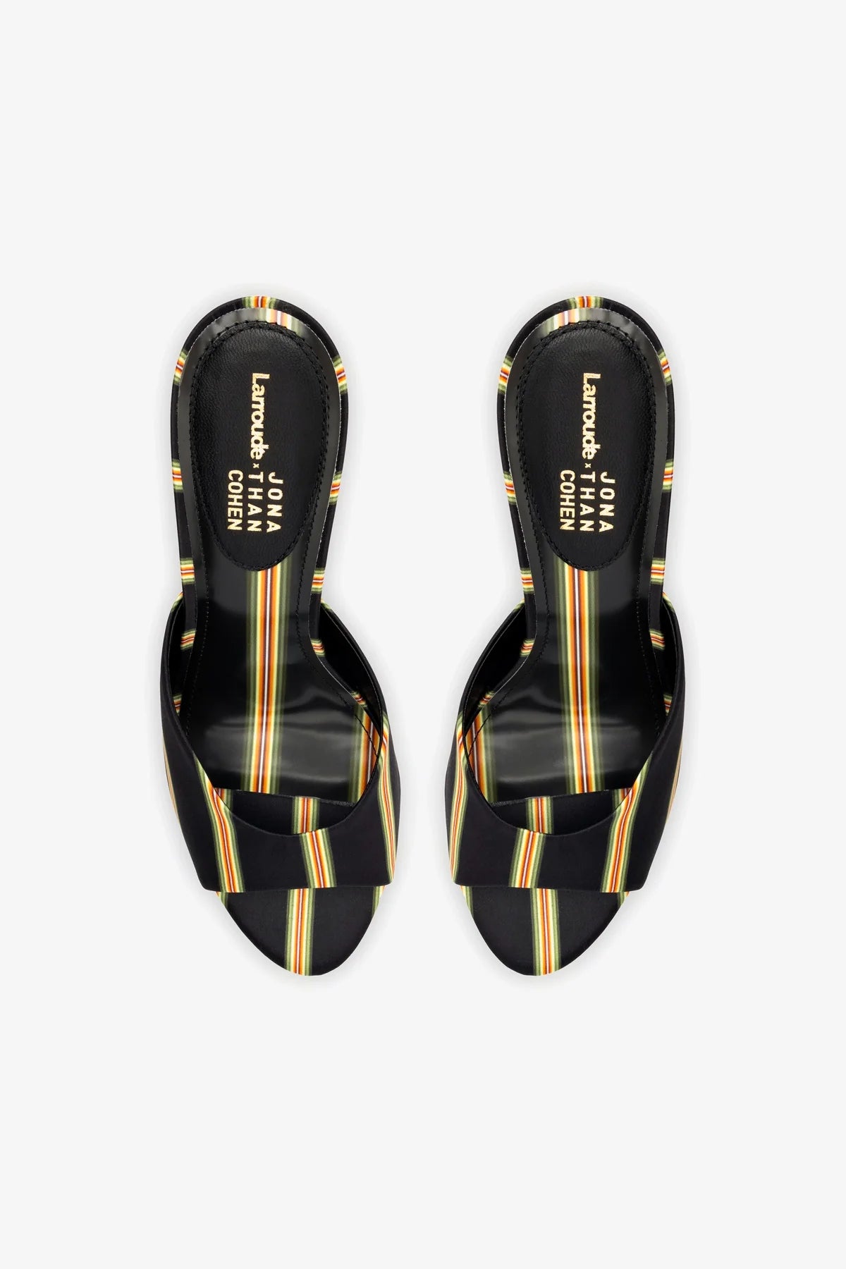 Larroudé x Jonathan Cohen Black Striped Satin Mules - Elegant Women's Slip-On Shoes for Parties, Weddings & Special Occasions
