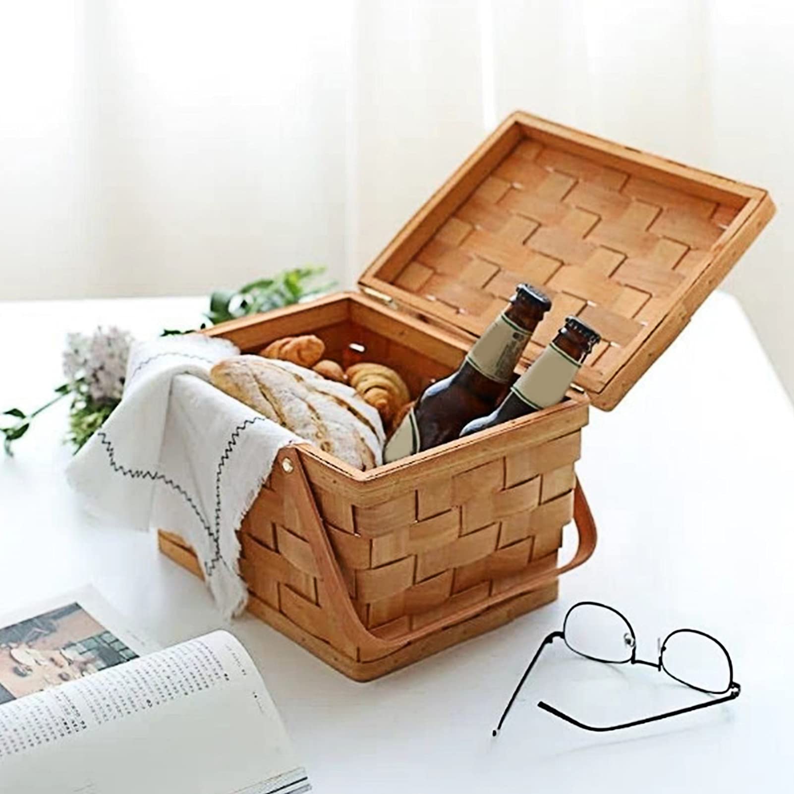 Premium Woven Picnic Basket with Lid - Outdoor Food Container, Wine & Fruit Holder - Rattan Wicker Storage Organizer for Jewelry, Makeup & Sundries - Perfect for Garden, Indoor & Outdoor Use
