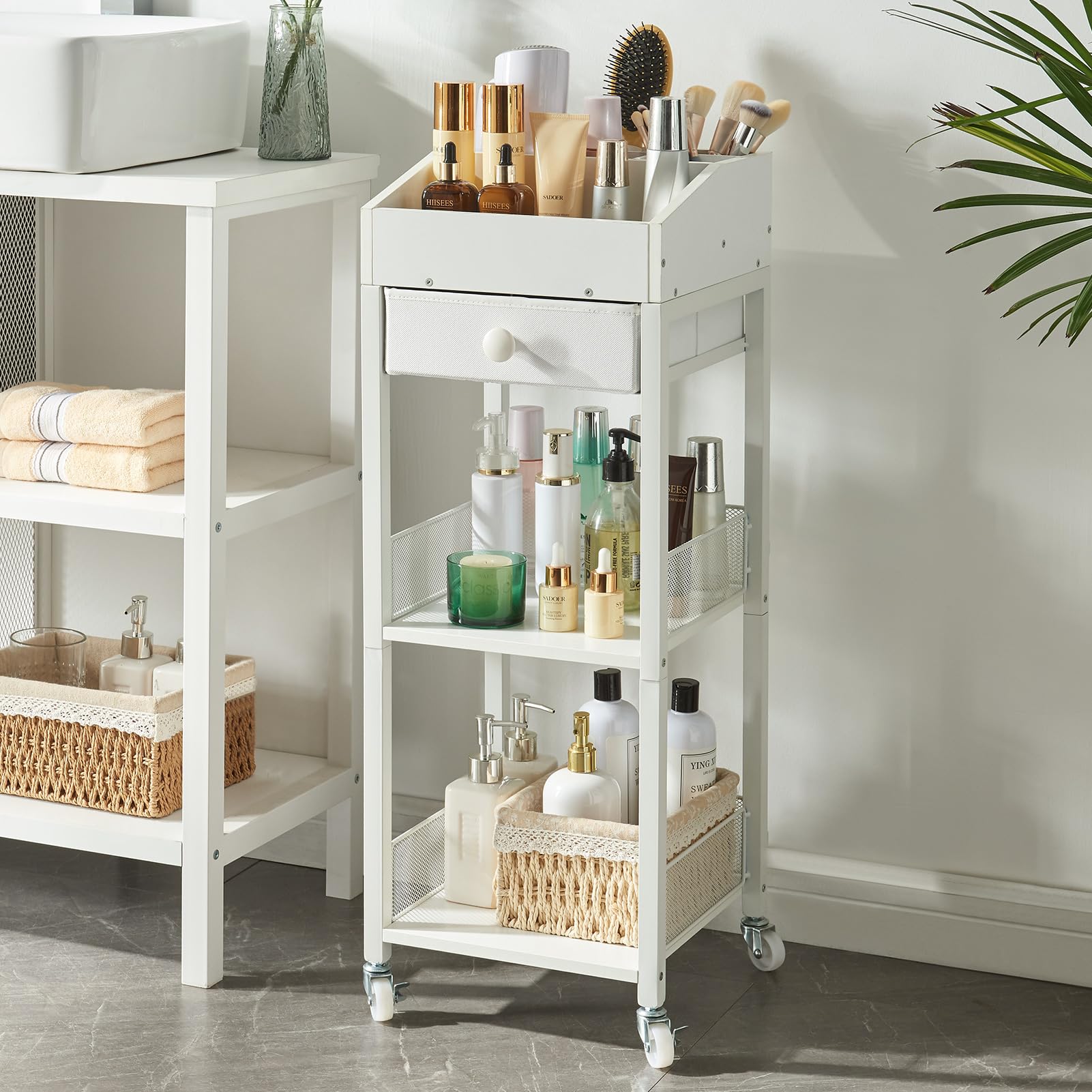 3-Tier Rolling Makeup Organizer Cart with Drawer - Portable Cosmetic Storage Stand for Skincare & Beauty Products - Free Standing Vanity Organizer with Wheels for Bedroom, Bathroom, Dresser (White) | Perfect for Small Space Organization & Travel Beauty Essentials