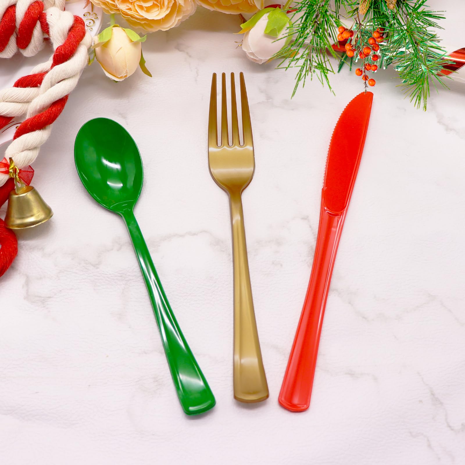 150-Piece Christmas Silverware Set - 50 Red Plastic Knives, 50 Green Spoons, 50 Gold Forks for Holiday Parties, Dinnerware & Table Decorations - Perfect for Christmas Celebrations, Family Gatherings & Festive Events