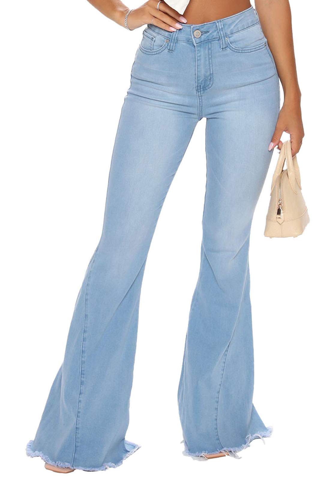 CutieLove Women's Ripped Bell Bottom Flare Jeans - Mid Rise Destroyed Hem Denim Pants for Casual Outfits & Retro Style Fashion