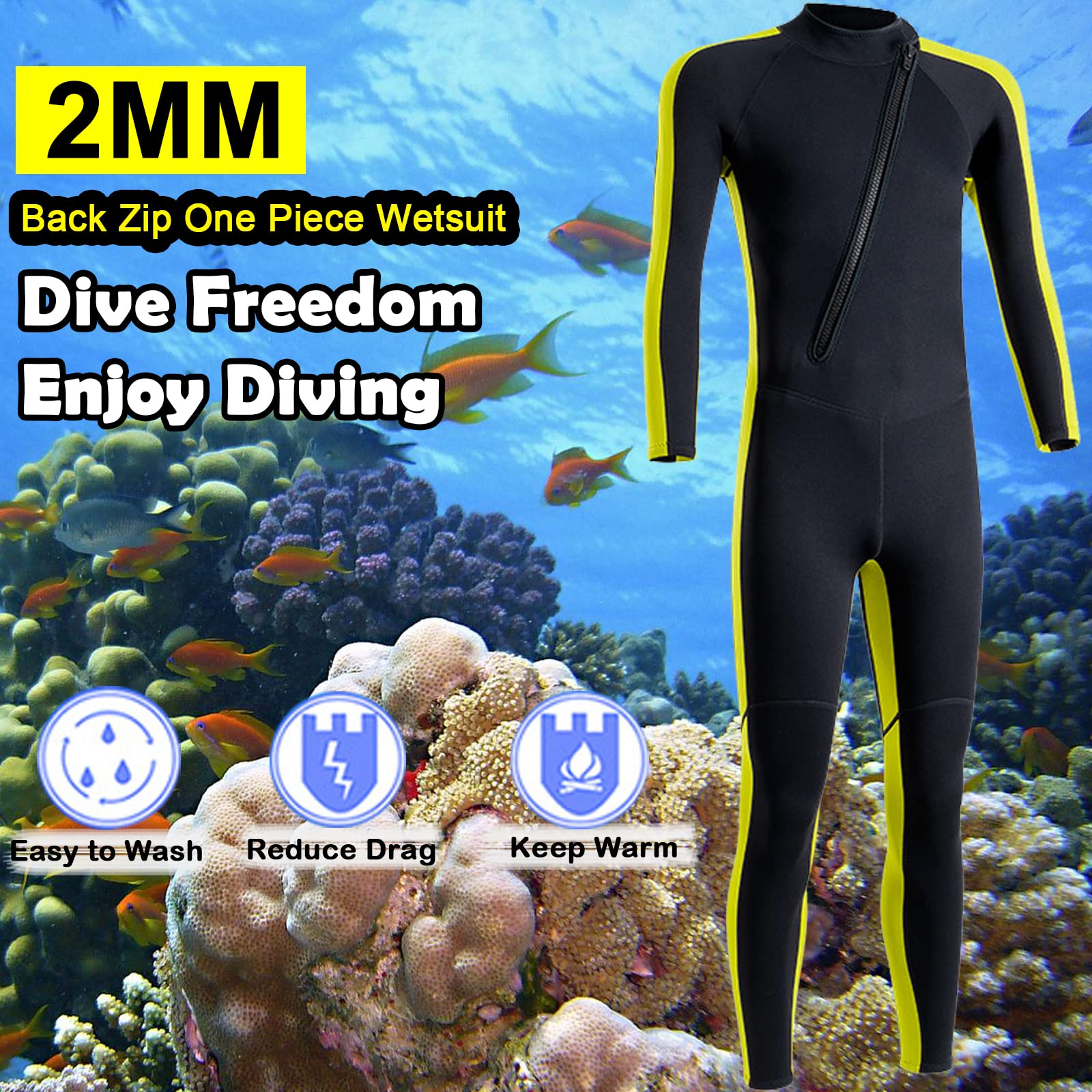 2mm Neoprene Wetsuit for Men - Long Sleeve Full Body Diving Suit with Front Zipper & UV Protection - Ideal for Swimming, Diving, Surfing, Kayaking, Snorkeling in Cold Water - Perfect for Beach, Pool, and Ocean Adventures