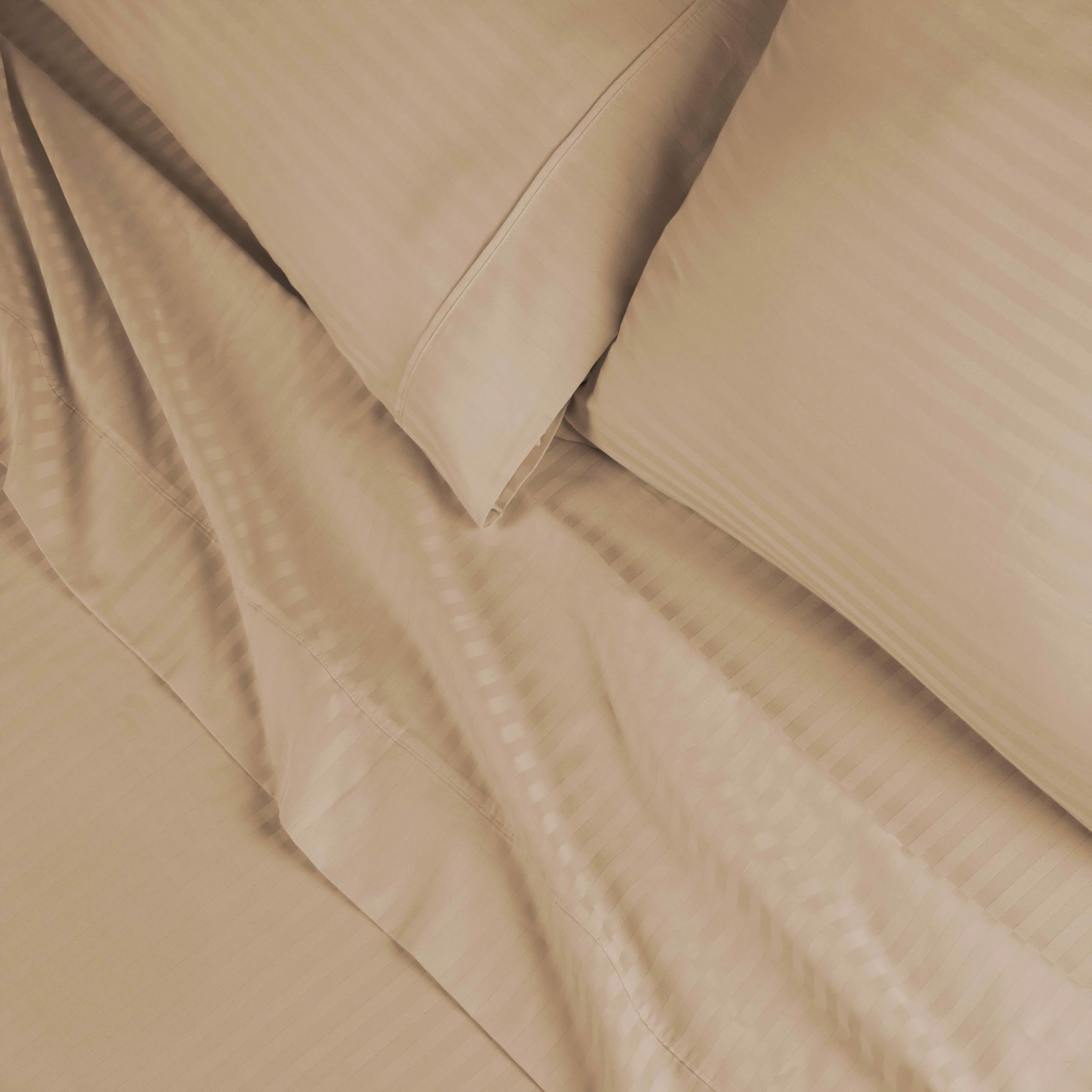 Premium 650 Thread Count Egyptian Cotton Bed Sheet Set - 1 Deep Pocket Fitted Sheet, 1 Flat Sheet & 2 Pillowcases - Luxury Soft Breathable Bedding for Twin Size Beds - Beige Striped Design - Perfect for Home, Hotel or Guest Room Use