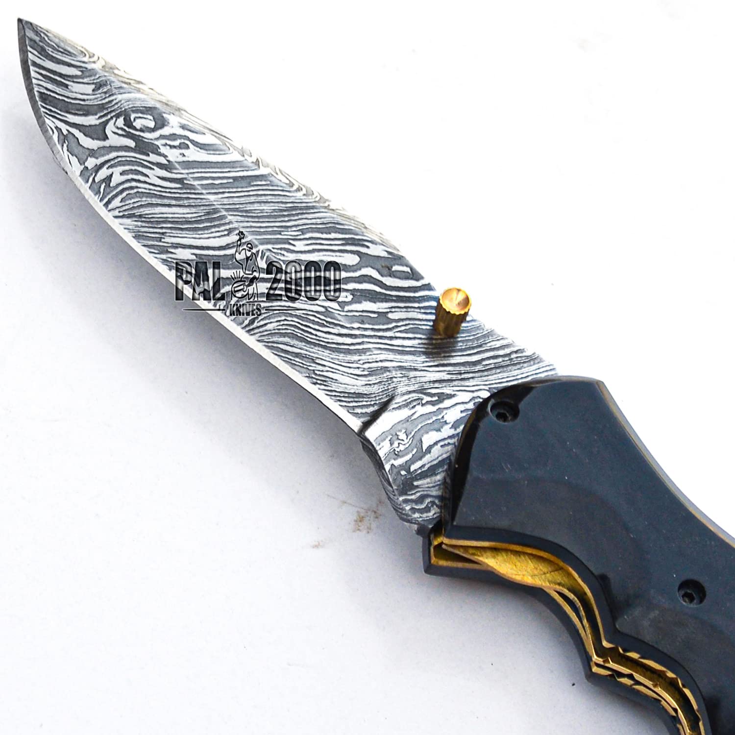 Handmade Damascus Steel 8 Inch Folding Pocket Knife - Horn Handle with Sheath | Hunting, Camping & Outdoor Survival Tool | PAL 2000 KNIVES POC-9844