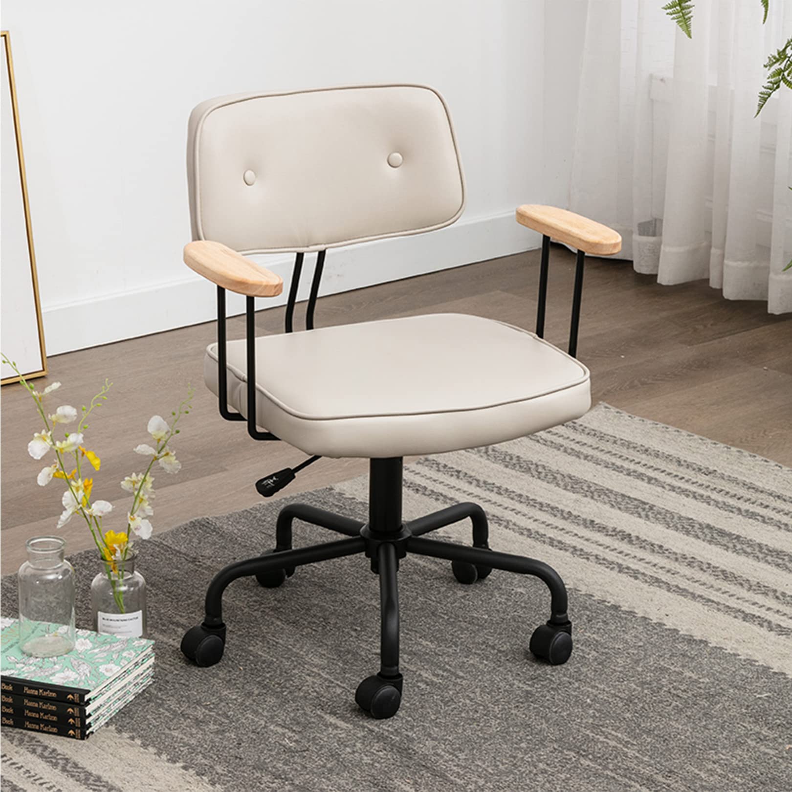Ergonomic Mid-Back Office Chair with Wooden Armrests - Adjustable PU Leather Swivel Computer Desk Chair for Home Office, Study & Bedroom - Perfect for Long Work Sessions & Gaming