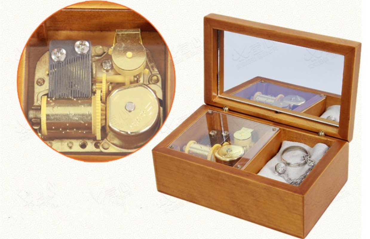 Wooden Mechanical Music Box Jewelry Box with Mirror - Plays Blue Danube Waltz | Handcrafted Gift for Women, Birthday Present | Perfect for Jewelry Storage & Bedroom Decor