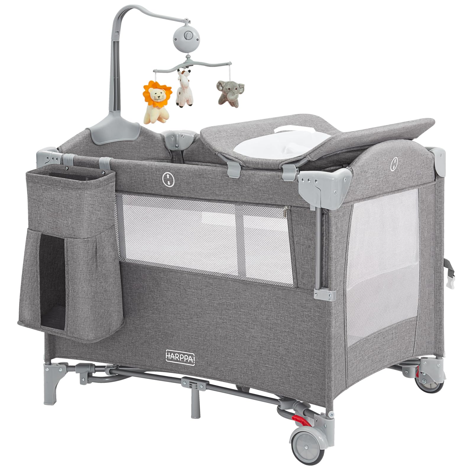 5-in-1 Baby Bassinet & Playard - Adjustable Height Portable Crib with Mattress, Diaper Changer & Music Box | Newborn to Toddler Bedside Sleeper (Grey) | Perfect for Nursery, Travel & Co-Sleeping