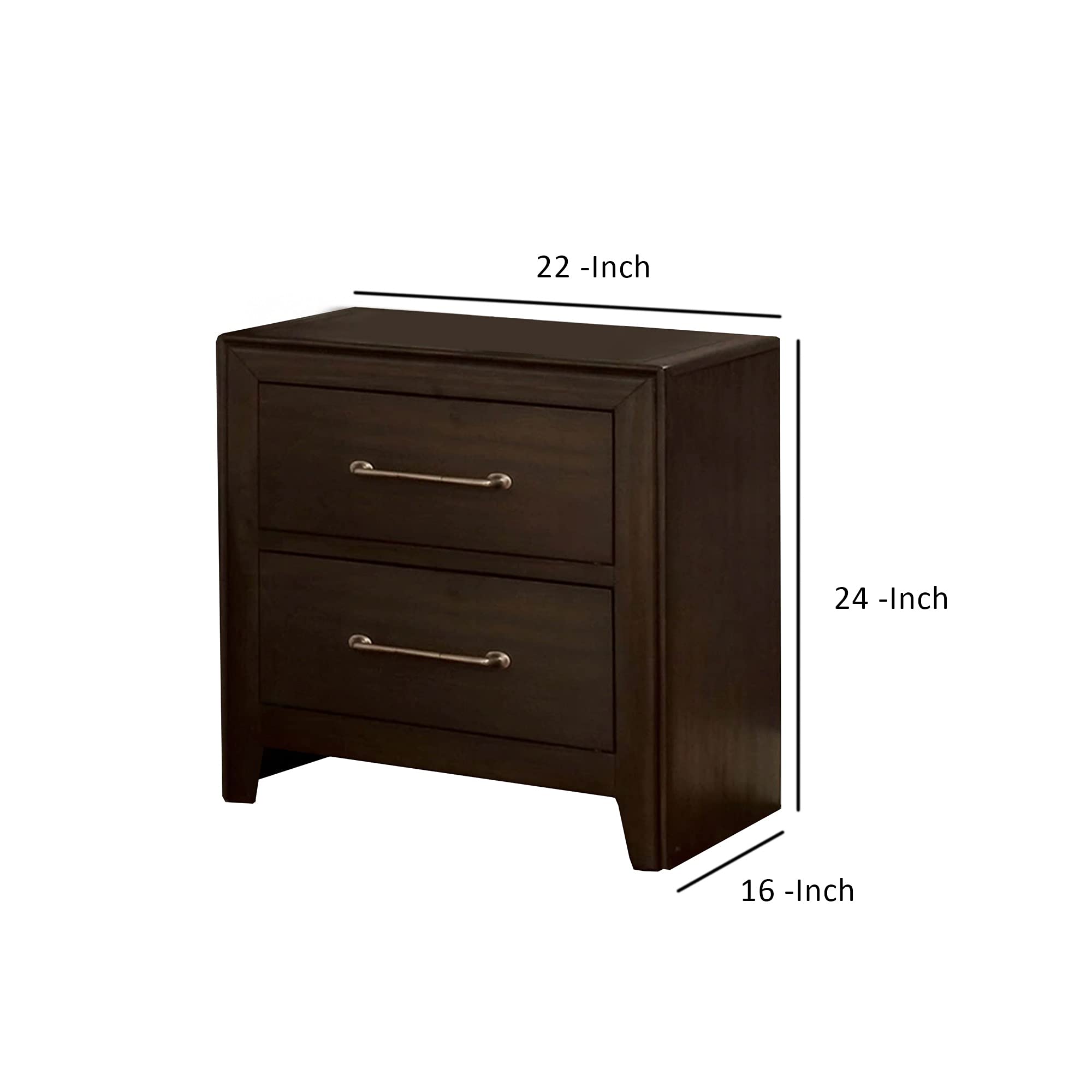 Benzara BM241943 Walnut Brown Nightstand with 2 Drawers & Metal Bar Pulls - Modern Bedside Table for Bedroom, Living Room, or Office Storage