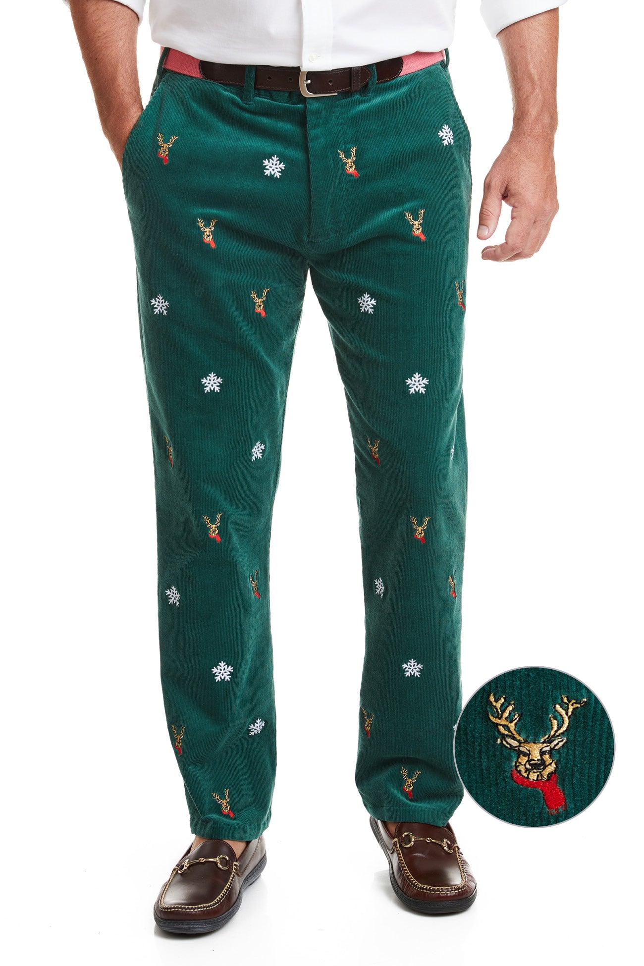 Beachcomber Corduroy Pants for Men - Hunter Green with Dasher & Snowflake Design - Comfortable Winter Casual Wear for Outdoor Activities and Holiday Gatherings