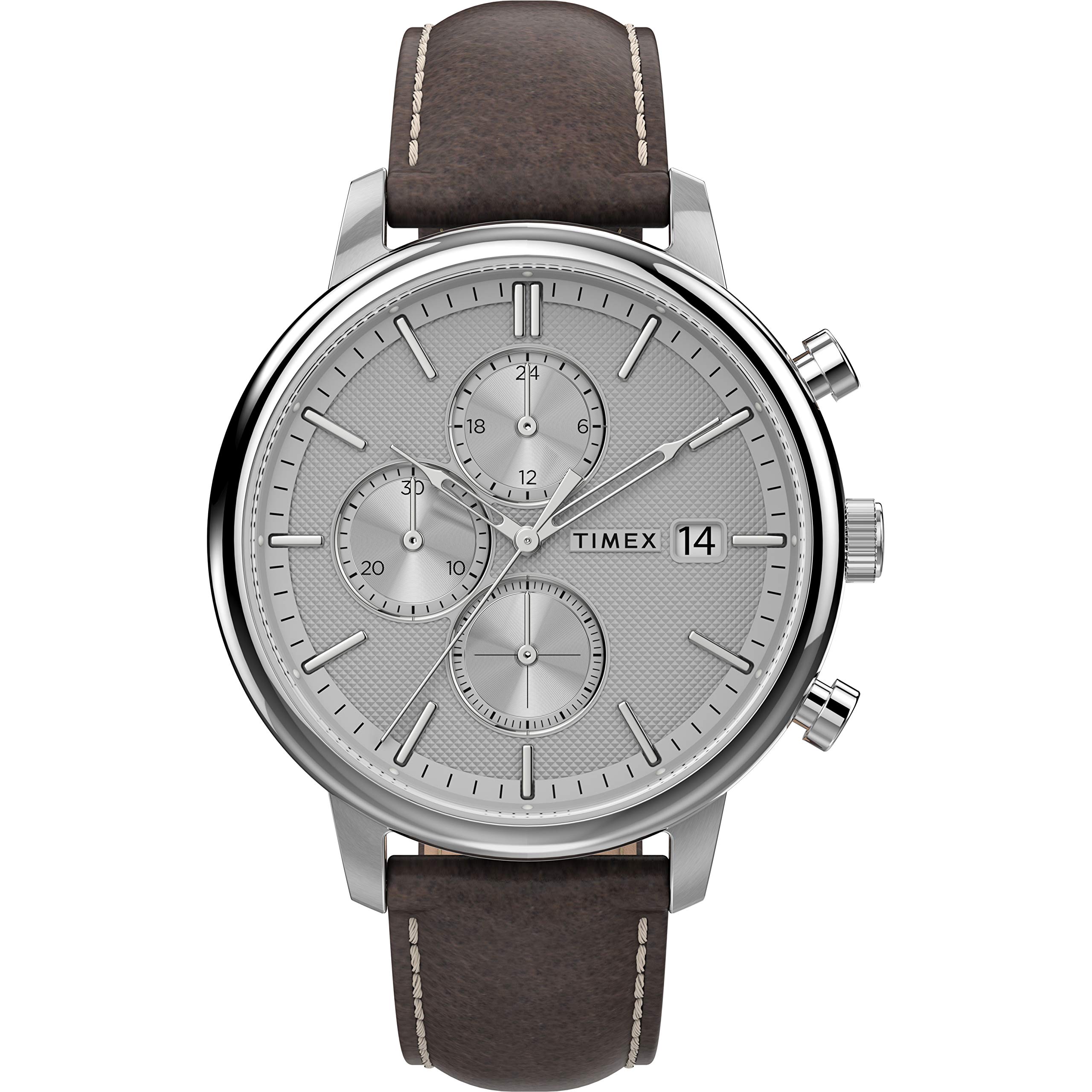 Timex Men's Chicago Chronograph 45mm Stainless Steel Watch with Leather Strap - Classic Analog Quartz Watch for Business, Casual & Everyday Wear