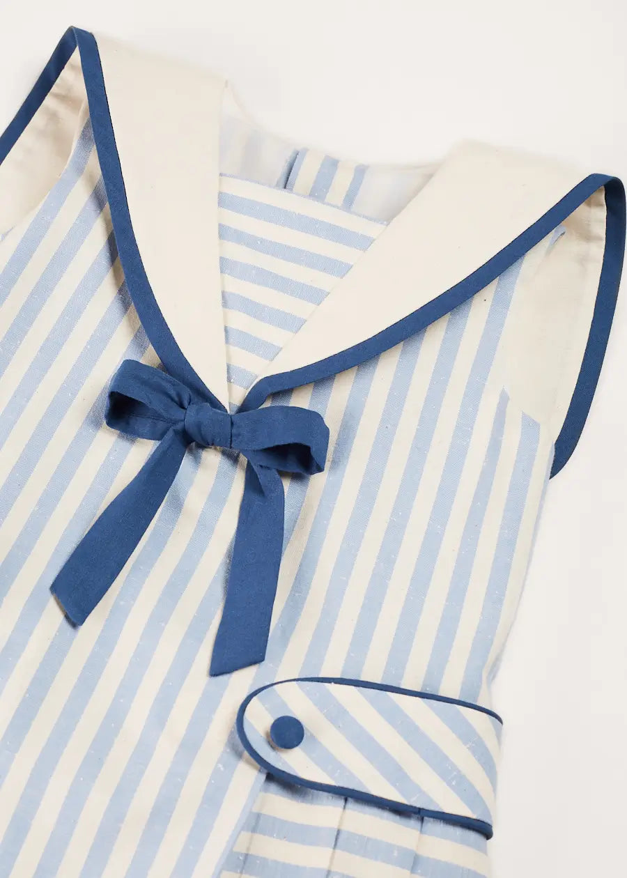 Blue Regency Striped Mariner Collar Pleated Sleeveless Dress for Girls 2-10 Years | Summer Beach Party, Vacation Outfit, Casual Playdate Dress