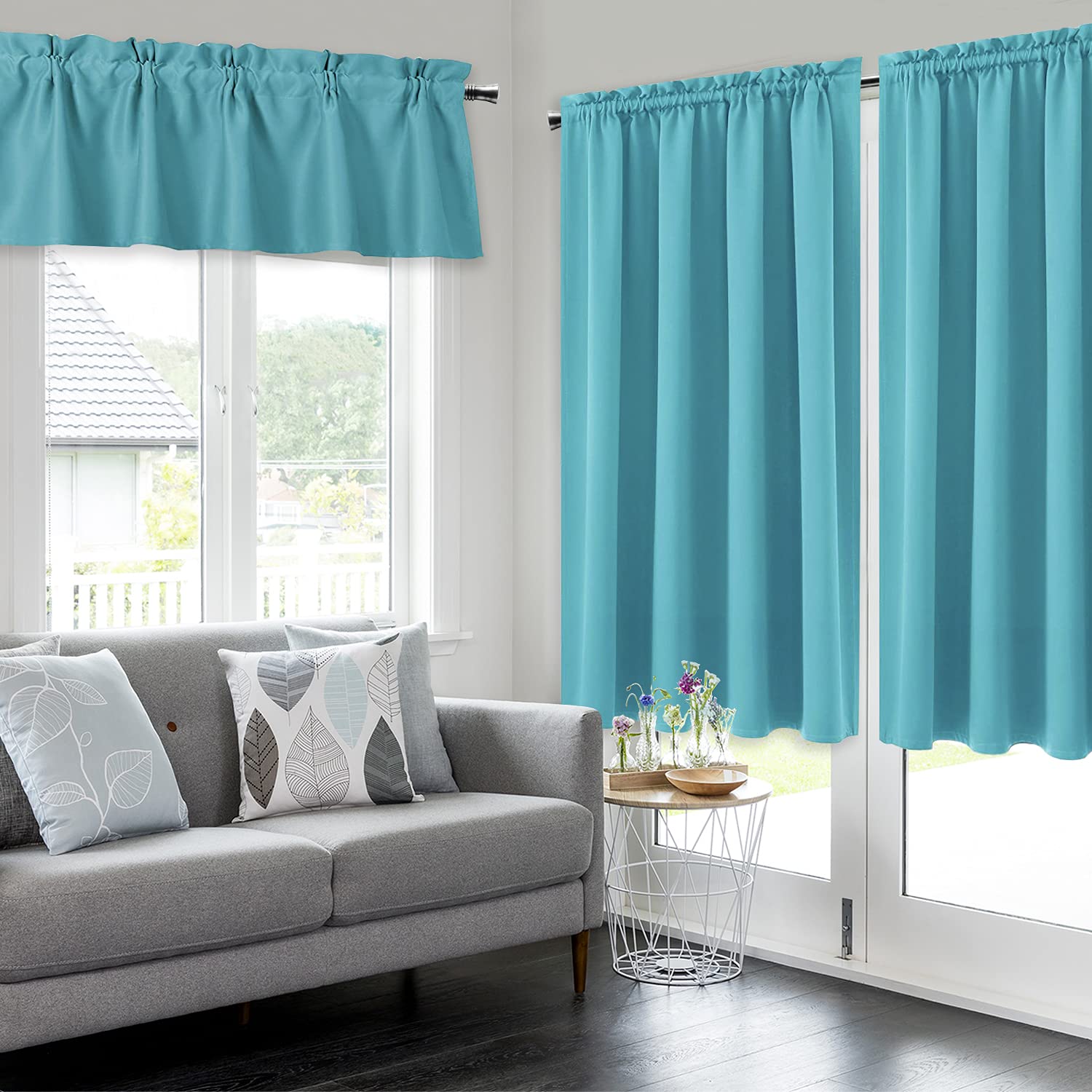 DWCN Turquoise Blackout Curtains Set with Valance - 52x63 Inch Thermal Insulated Window Drapes & 52x18 Inch Rod Pocket Valance for Living Room, Bedroom, Kitchen - Light Blocking, Noise Reducing, Energy Saving