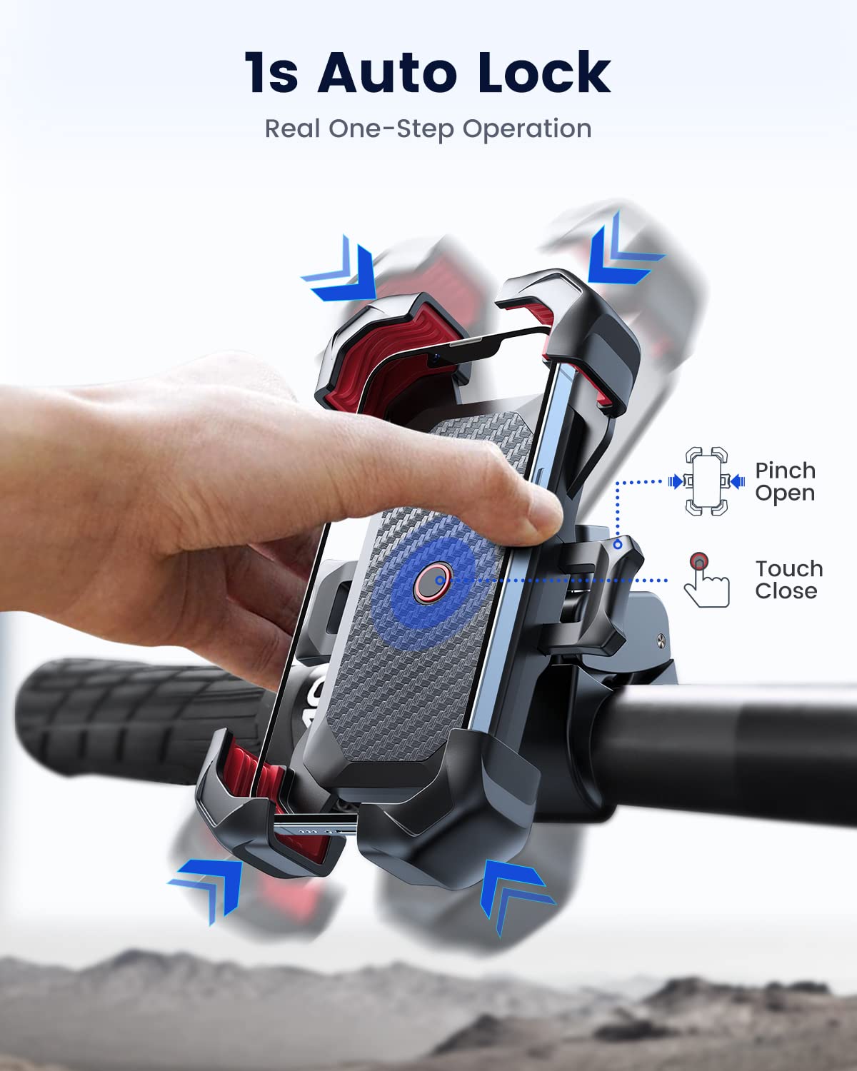 JOYROOM Motorcycle Phone Mount - 1 Second Auto Lock, 100mph Military Anti-Shake Bike Phone Holder for Bicycle - 10 Second Quick Install Handlebar Phone Mount Compatible with iPhone Samsung & All Smartphones - Perfect for Motorcycle Riding, Biking & Outdoor Adventures