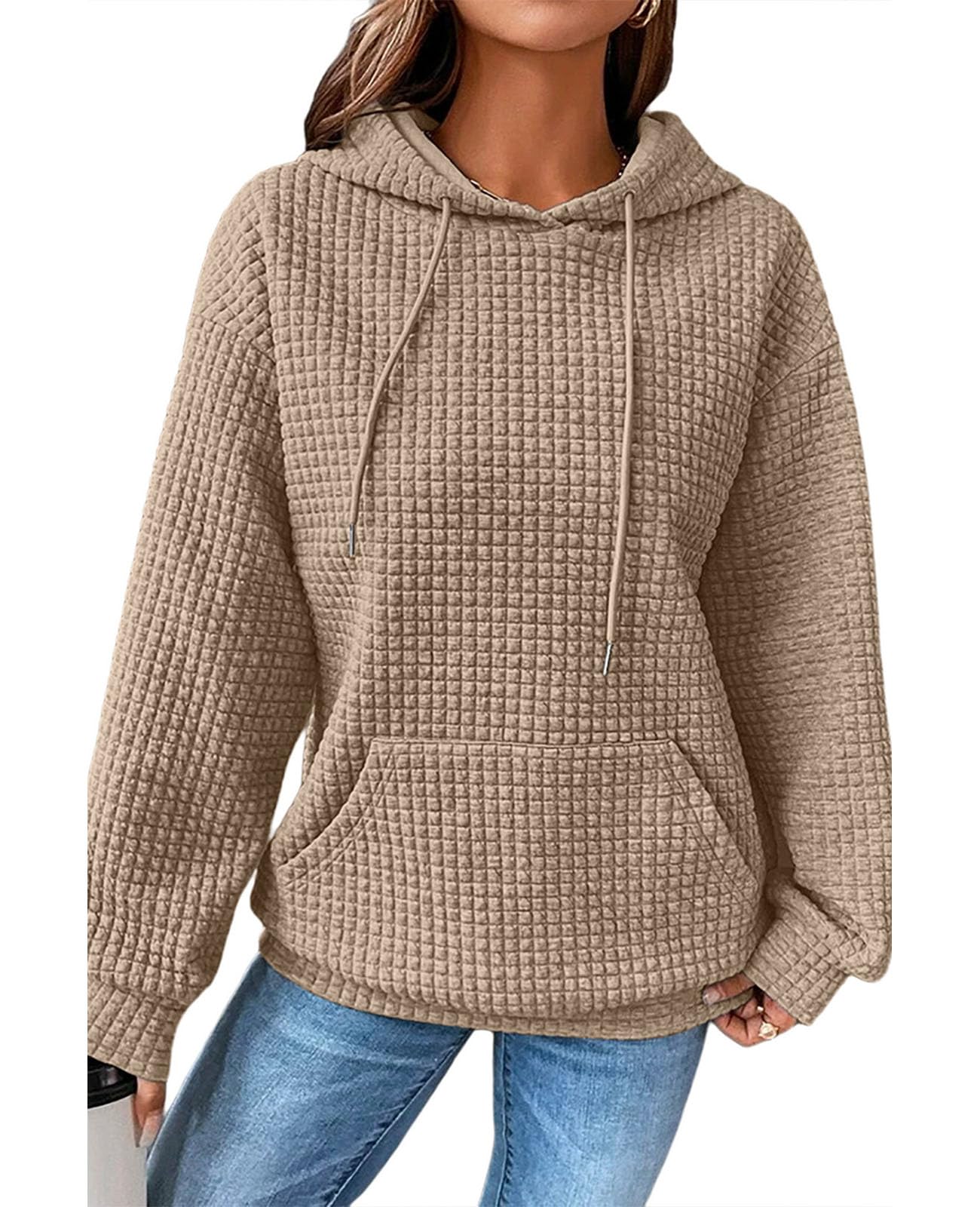 Women's Casual Drawstring Hooded Sweatshirt - Waffle Long Sleeve Pullover with Pocket | Cozy SELINK Hoodies for Everyday Wear, Lounge & Outdoor Activities