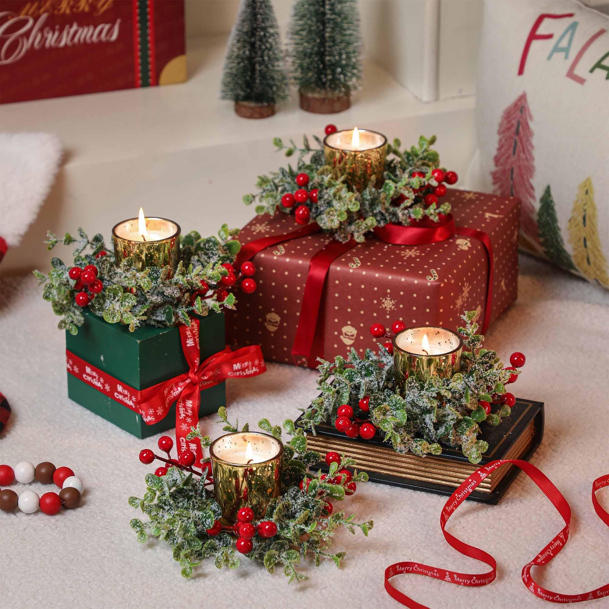 4-Pack Gold Votive Candles with Red Berry Christmas Candle Ring Wreath - Elegant Holiday Table Centerpiece for Christmas Party, Home Decor & Festive Gatherings