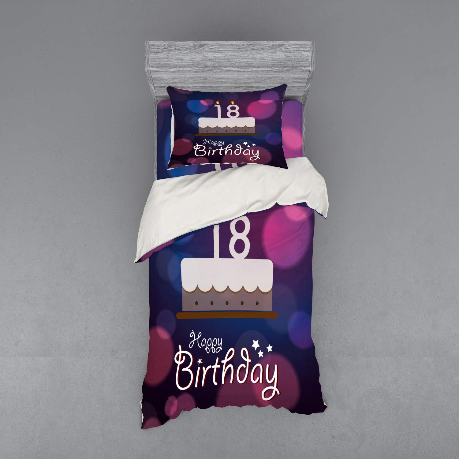 Ambesonne 18th Birthday Duvet Cover Set - Vibrant Cartoon Cake with Candles Design, 3-Piece Twin XL Bedding Set with Sham & Fitted Sheet in Purple & Lilac - Perfect for Teen Bedrooms, Birthday Party Decor & Dorm Room Essentials