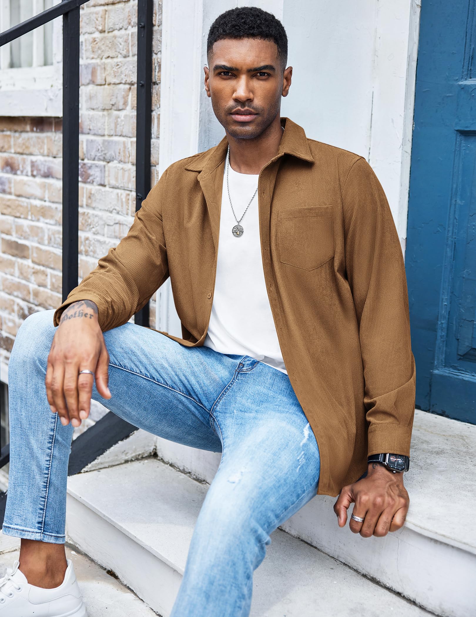 COOFANDY Men's Waffle Knit Button Down Shirt Jacket - Casual Long Sleeve Shacket with Chest Pockets | Perfect for Fall Layering, Outdoor Adventures & Streetwear Fashion